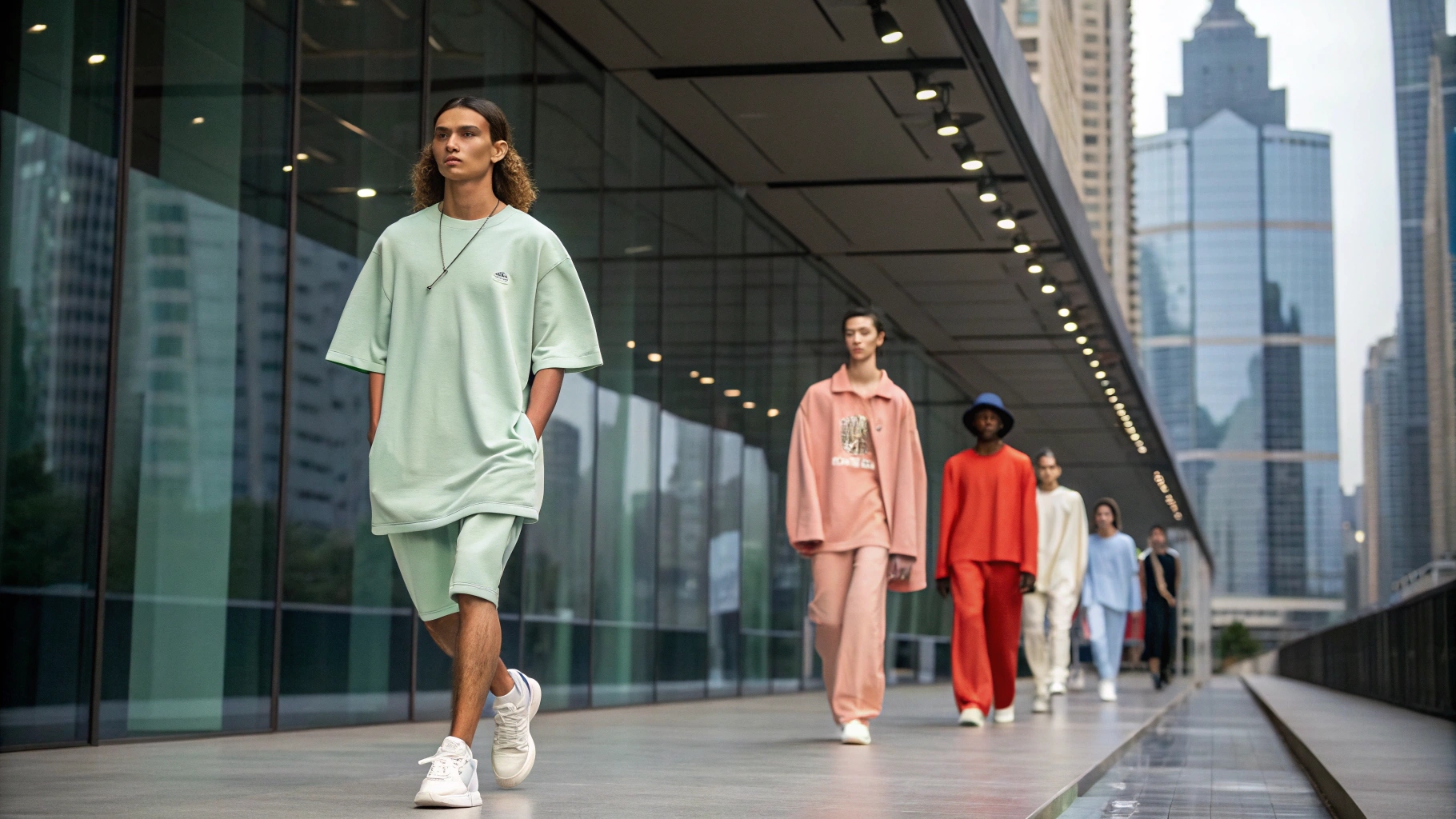 2025 fashion scene featuring diverse models wearing oversized T-shirts styled for streetwear, loungewear, and unisex fashion, set against urban backdrops influenced by TikTok and Pinterest trends, with bold styling inspired by Billie Eilish and A$AP Rocky, oversized silhouettes reminiscent of Balenciaga runway looks, captured with contemporary lighting and a Gen Z aesthetic that blends high fashion and everyday comfort