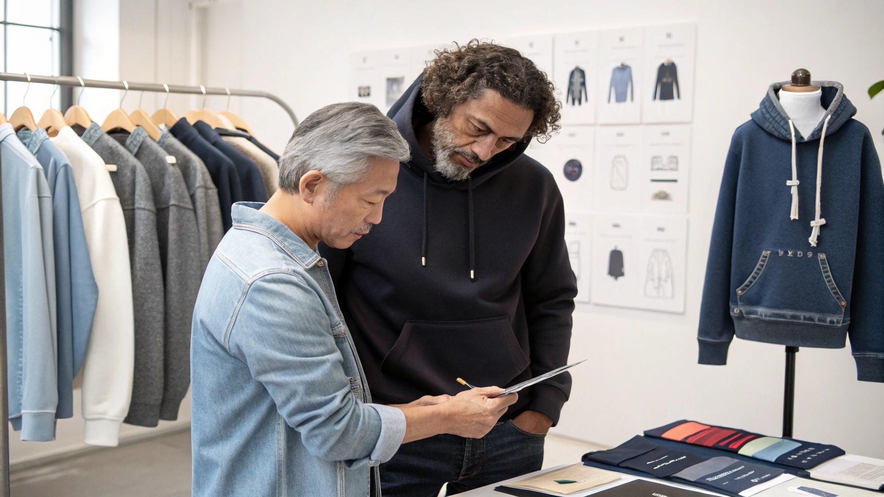 A behind-the-scenes look at Bless Denim’s hoodie customization service, where a designer and client review fabric swatches, Pantone cards, silhouette sketches, and logo placement mockups. Nearby samples showcase private labels, embroidery, and branded packaging. Set in a modern design studio with tools, tech packs, and folded garments, the scene highlights the creative freedom and full-service support Bless provides—from concept to final product, with no MOQ required.