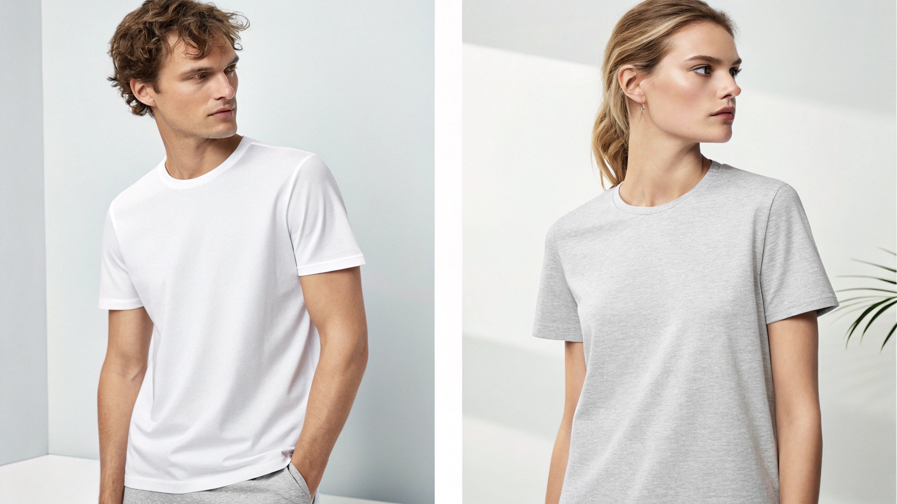 A clean, product-focused image showing a standard T-shirt worn by both a male and female model. The T-shirt features a regular fit, crew neckline, short sleeves, and straight hem in neutral colors such as white and heather gray. Set against a minimalist studio background with soft lighting, the image includes both full-body and close-up views, emphasizing unisex styling and a universal everyday fashion appeal.