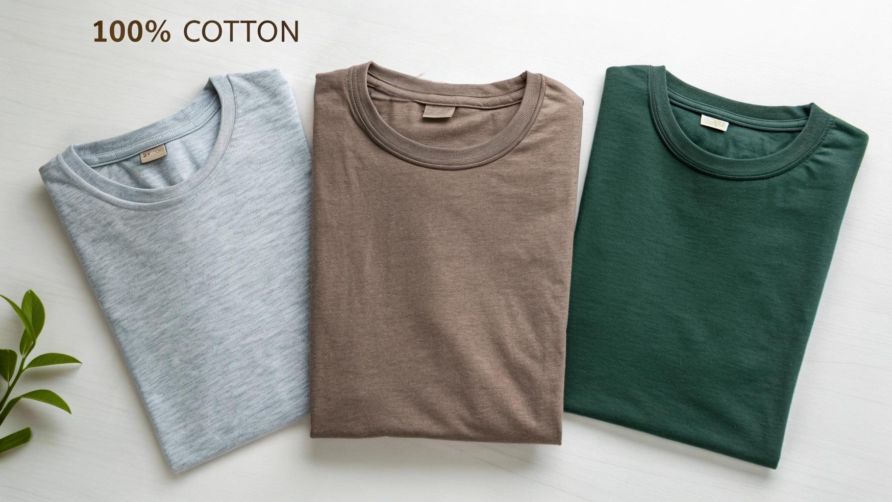A close-up flat lay of three T-shirts made from different fabrics: one 100% cotton T-shirt with a soft, breathable texture, one cotton-polyester blend T-shirt with a smooth finish and enhanced durability, and one organic cotton T-shirt made from sustainable materials like bamboo or hemp. Each T-shirt is neatly arranged on a minimalist background with soft lighting, emphasizing the fabric textures and unique qualities. The T-shirts are labeled with fabric names for educational focus on their distinct materials.