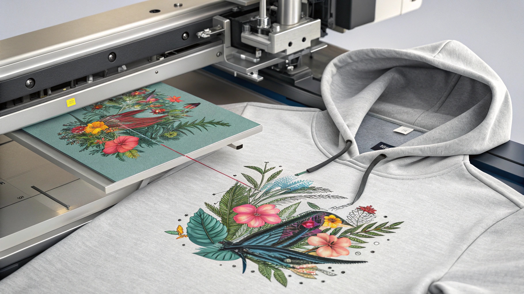 A close-up scene showing the DTG (Direct-to-Garment) printing process on a hoodie or T-shirt. The DTG printer applies vibrant, photo-realistic full-color designs directly onto the fabric, showcasing fine textures and gradients. On the side, a comparison with screen printing displays a simpler, larger design on another hoodie using a stencil. The scene emphasizes the precision and quality of the DTG print, highlighting intricate details and vibrant colors on 100% cotton fabric. The modern printing studio setting, clean equipment, and technical details convey an educational and professional atmosphere.