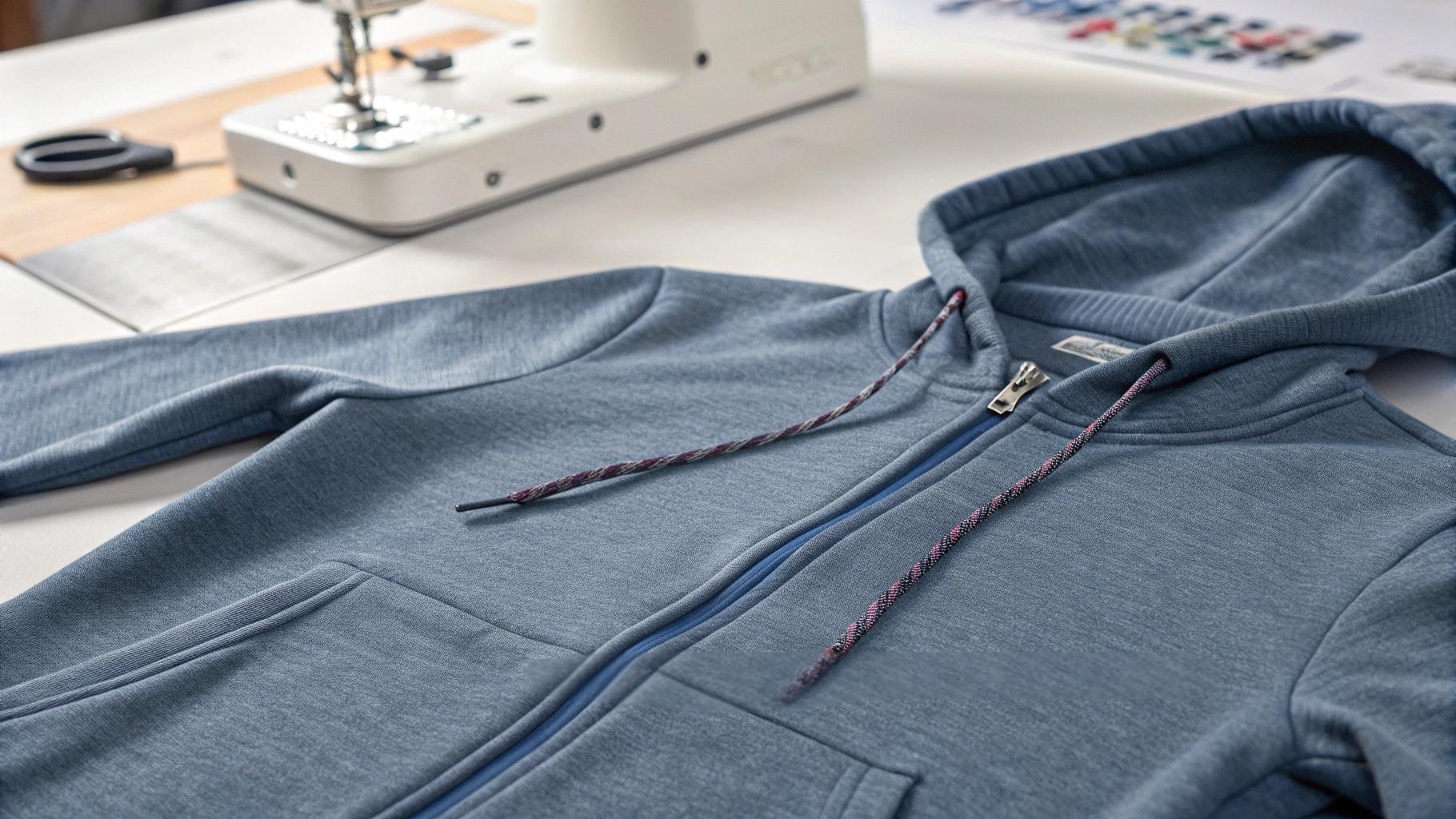 A close-up breakdown of a high-quality hoodie laid flat, with callout labels highlighting flatlock seams for smooth joins, double-needle topstitching for reinforcement, heavy ribbed hems and cuffs for shape retention, and a sturdy YKK zipper. Set in a minimalist tailoring workshop or design table, the scene emphasizes craftsmanship and construction quality beyond just price.
