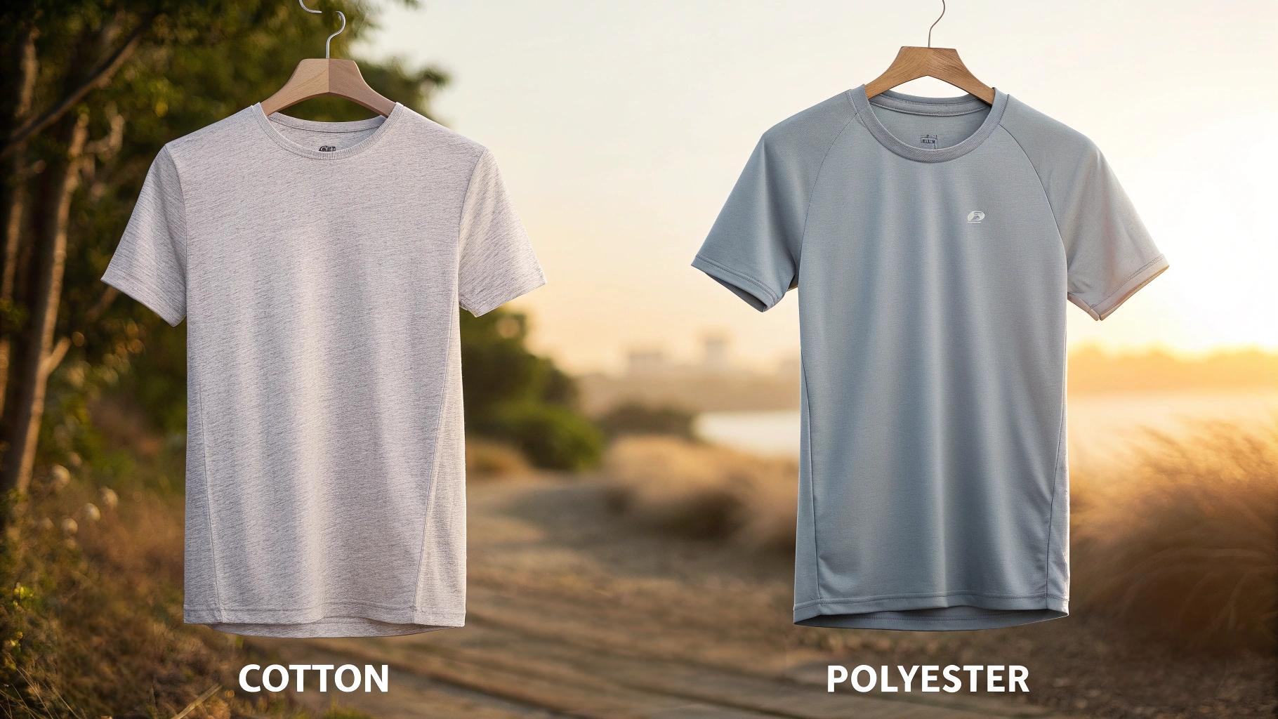 A comparative image showing two T-shirts: one made of cotton, with a soft and breathable texture, and the other made of polyester, featuring a smooth, synthetic surface. Both T-shirts are displayed in a warm outdoor environment with subtle visual indicators highlighting the breathability of each fabric. The cotton T-shirt is shown as more airy, while the polyester T-shirt is less breathable. The fabrics are labeled with their names, and air circulation symbols are used to emphasize their differing qualities. Soft natural lighting enhances the fabric textures.