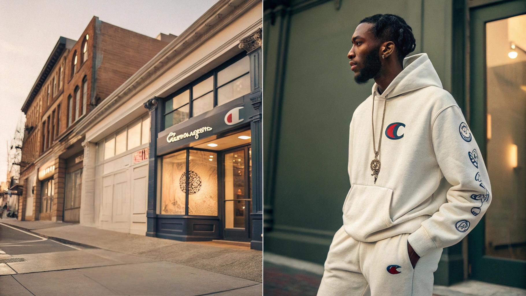  A conceptual fashion editorial with two contrasting scenes—one side features a heritage Champion storefront with vintage branding and iconic sweatshirts, symbolizing longevity and reinvention; the other, a sleek modern studio where an emerging designer presents limited-run apparel with bespoke details, reflecting niche identity and innovation. Captured during golden hour with a Hasselblad X2D 100C and 45mm f/4 lens, the image blends warm and cool tones with cinematic realism and soft depth of field