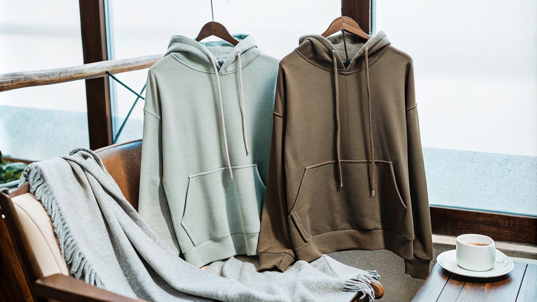 Pullover hoodie ntawm lub rooj zaum thiab zip-up hoodie ntawm lub hanger nyob rau hauv ib qho chaw zoo nkauj sab hauv tsev nrog ib daim pam thiab kas fes, hais txog kev sov siab thiab ntau yam.