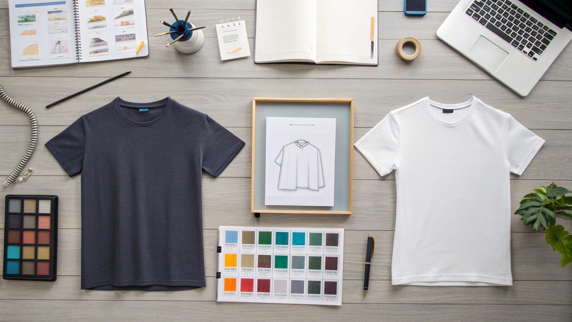 A creative workspace showcasing T-shirt design planning: sketchpads display personal, business, and team logo concepts; fabric swatches labeled cotton, poly-cotton, and tri-blend are laid out. Mannequins wear regular, slim, and oversized tees. A designer tests print visibility on light and dark-colored shirts. Set in a modern flat-lay studio with tools like color wheels, a heat press, and screen print samples, the scene captures the full design-to-print process