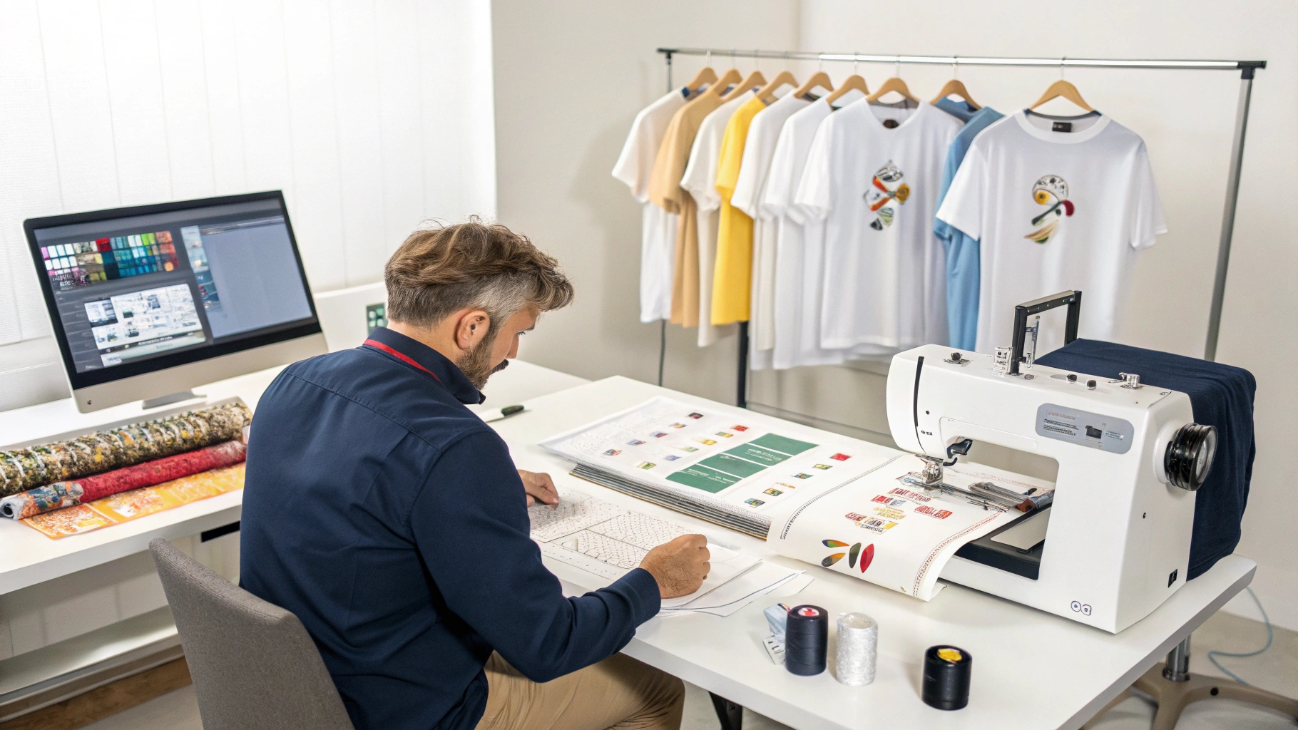 A designer works on a computer with vector artwork and color mockups. Nearby, a client reviews a printed sample or digital proof with handwritten approval notes. The production area shows DTG or screen printing in progress, a fabric cutting table, and sewing machines assembling pieces. Finished shirts are being folded, labeled, and packed into branded polybags with hang tags. Clean studio lighting and realistic tools emphasize the full custom apparel workflow
