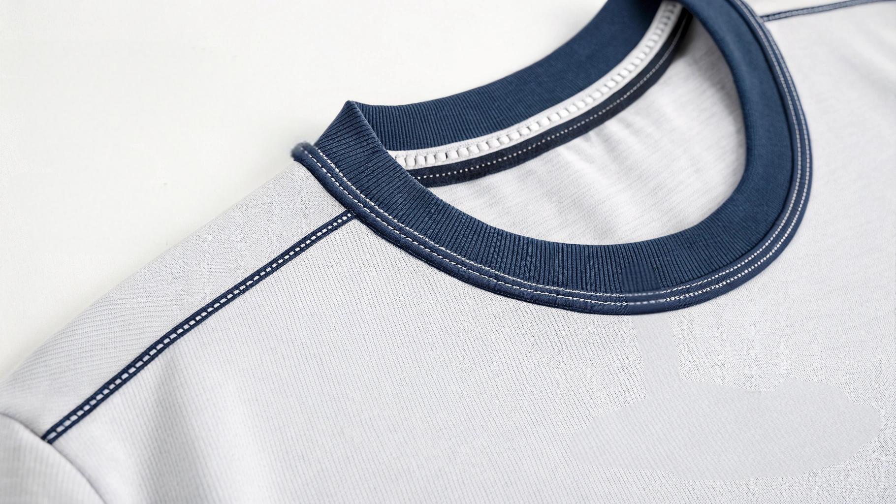A detailed close-up shot of a high-quality T-shirt, showcasing double stitching on the hems, sleeves, and neckline, with visible strong polyester or cotton thread and high stitch density. The fabric is slightly pulled apart to highlight the reinforced stitching, emphasizing durability and craftsmanship. Soft lighting is used to enhance the texture and attention to detail, with a minimalist background focusing on the stitching and fabric quality.