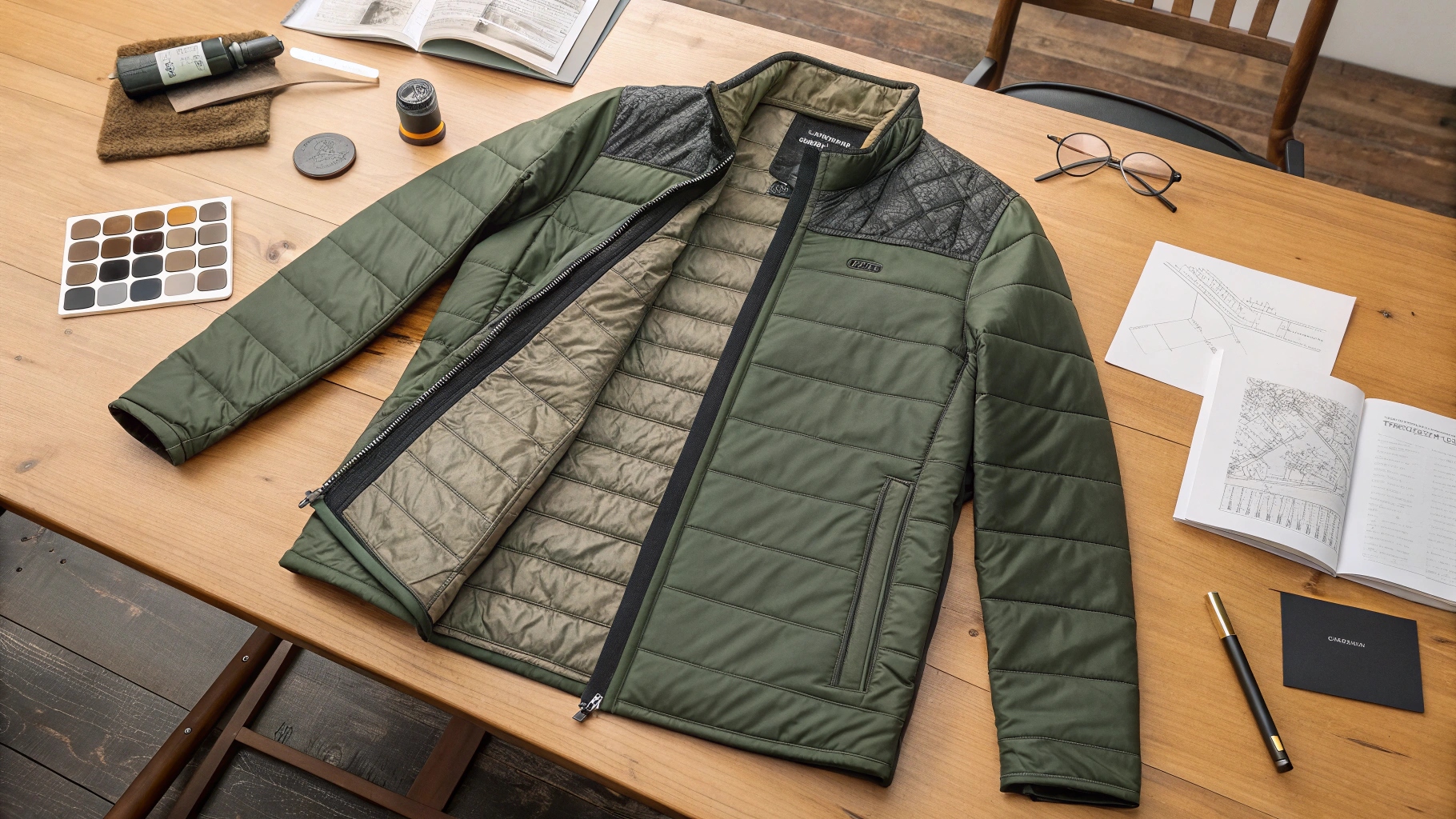 A detailed flat-lay fashion shot of a premium quilted jacket opened to show its layers—ripstop nylon outer shell with a slight sheen, goose down insulation panels, and quilt-stitched satin lining. Fabric swatches and labels for Primaloft® and waxed cotton are arranged nearby on a wooden table