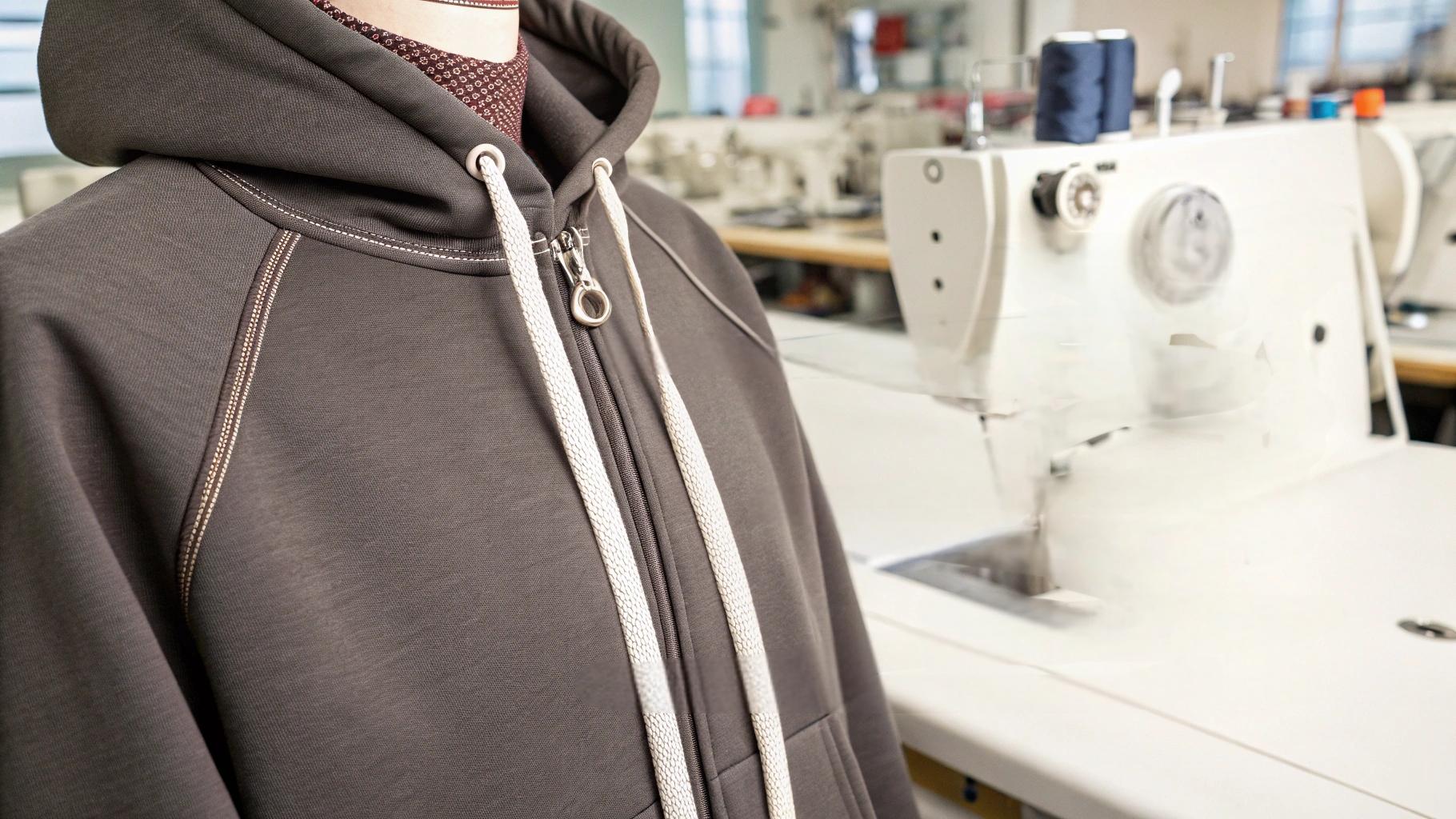 A detailed scene of hoodie construction, highlighting key quality features. Close-up shots show double-stitched seams in high-stress areas like the shoulders and cuffs, emphasizing reinforced stitching techniques. The zipper, drawstring, and hood details are displayed with smooth functionality, showcasing the quality of hardware. Fabric swatches demonstrate pre-washing and garment-dyeing techniques, with smooth edges and clean stitching for enhanced durability. The background includes a tailor's workspace with sewing machines and quality control checks, emphasizing craftsmanship and finishing.