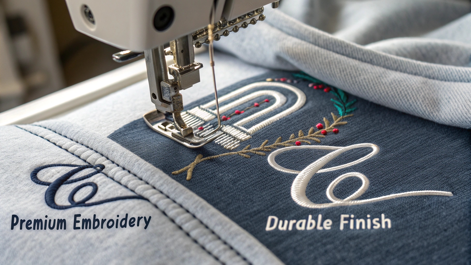 A detailed scene showing the embroidery process on a hoodie. A close-up of a sewing machine stitching a small, intricate design, such as a logo or name, onto the fabric, with visible threads and fabric texture. On the side, a finished hoodie displays a professionally embroidered logo, showcasing the high-quality, durable finish. The background features a clean, professional embroidery studio with equipment and fabric swatches. Subtle labels like “Premium Embroidery” and “Durable Finish” highlight the craftsmanship, with soft lighting enhancing the focus on the embroidery details.