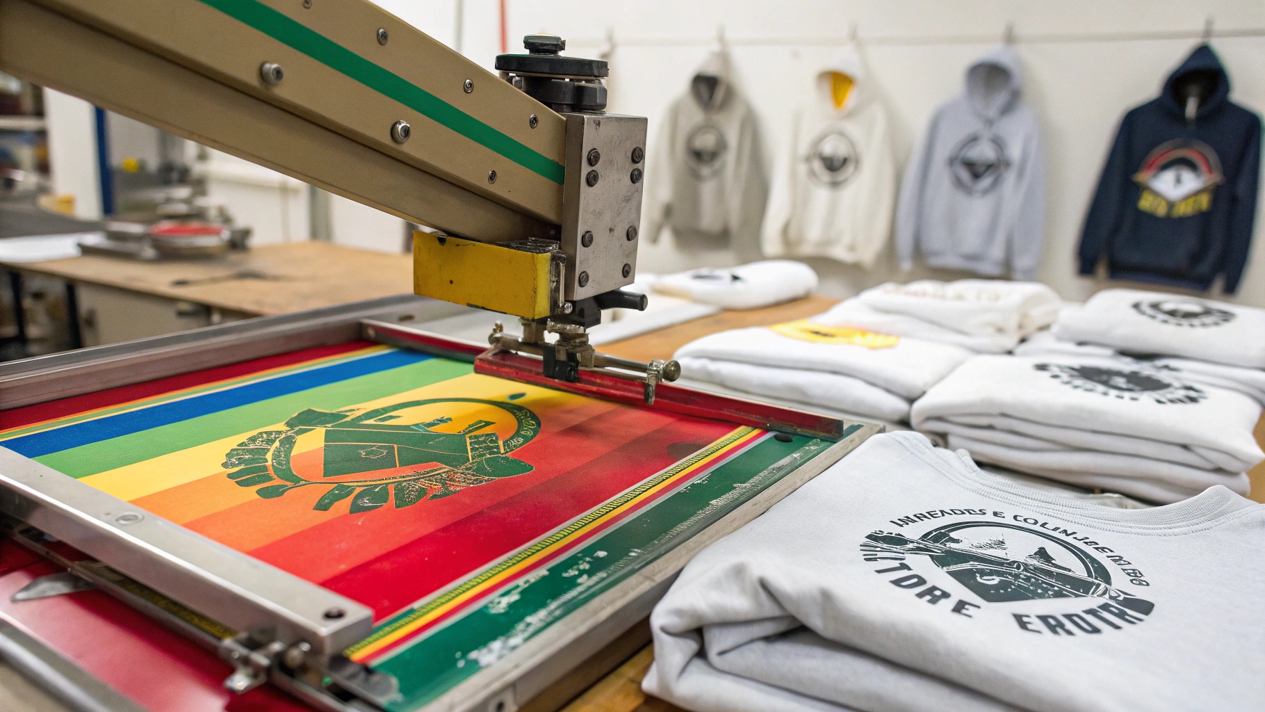 A detailed scene showing the screen printing process on hoodies. A screen printer applies layers of vibrant ink onto a cotton or cotton-blend hoodie using a stencil. Close-up shots highlight the setup, with multiple layers of ink being carefully applied for a colorful and durable design. Finished hoodies are stacked on a table, displaying simple yet bold designs that showcase the cost-effectiveness and high quality of screen printing. The bright, clean studio environment emphasizes the technical and educational aspect of the process.