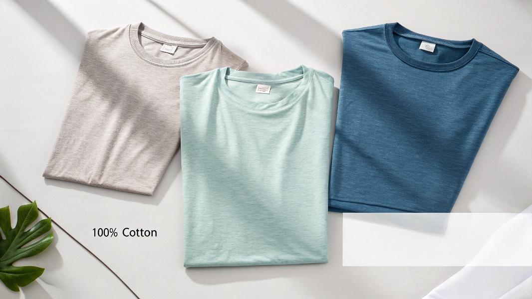 A fabric comparison scene showing three T-shirts made from different materials: one 100% cotton T-shirt with a soft, breathable texture, one linen-cotton blend T-shirt with a relaxed, airy feel, and one moisture-wicking synthetic T-shirt with a sleek, smooth surface. Each T-shirt is placed neatly on a minimalist background with soft lighting to emphasize the fabric texture and breathability. The T-shirts are labeled with their fabric names for educational emphasis on their unique properties.