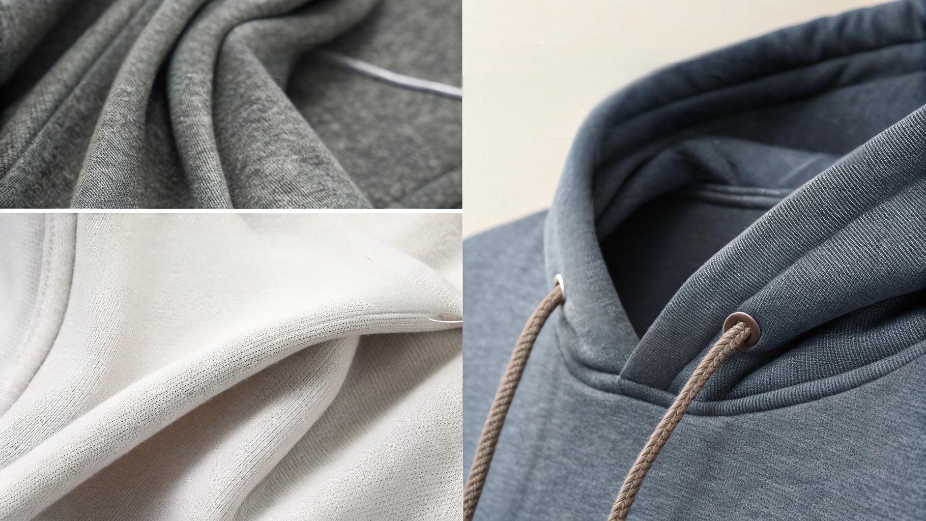  A fabric-focused scene showcasing various hoodie materials and their properties. Close-up shots of cotton, polyester, cotton-polyester blend, and cotton-spandex fabrics, with labels highlighting their softness, durability, and comfort. Swatches of brushed fleece fabric are shown, emphasizing its softness and density. A scale indicates different GSM levels (e.g., 200 GSM for lighter fabrics, 400 GSM for thicker, winter-friendly options). Models wear hoodies made from these fabrics, demonstrating the difference in texture and weight. The neutral background and soft lighting emphasize fabric textures and GSM details in an educational layout.