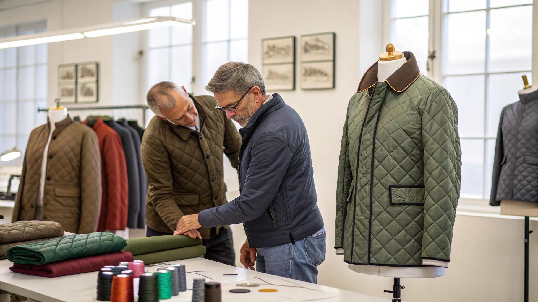 A fashion workshop scene showing custom quilted jackets in progress—tailors adjusting fits on mannequins, fabric rolls like ripstop, twill, and waxed cotton stacked nearby, and personalized branding patches arranged on a table. Finished jackets in various colors and stitch patterns hang in the background. The daylight-filled studio highlights the creative process and craftsmanship behind custom outerwear.
