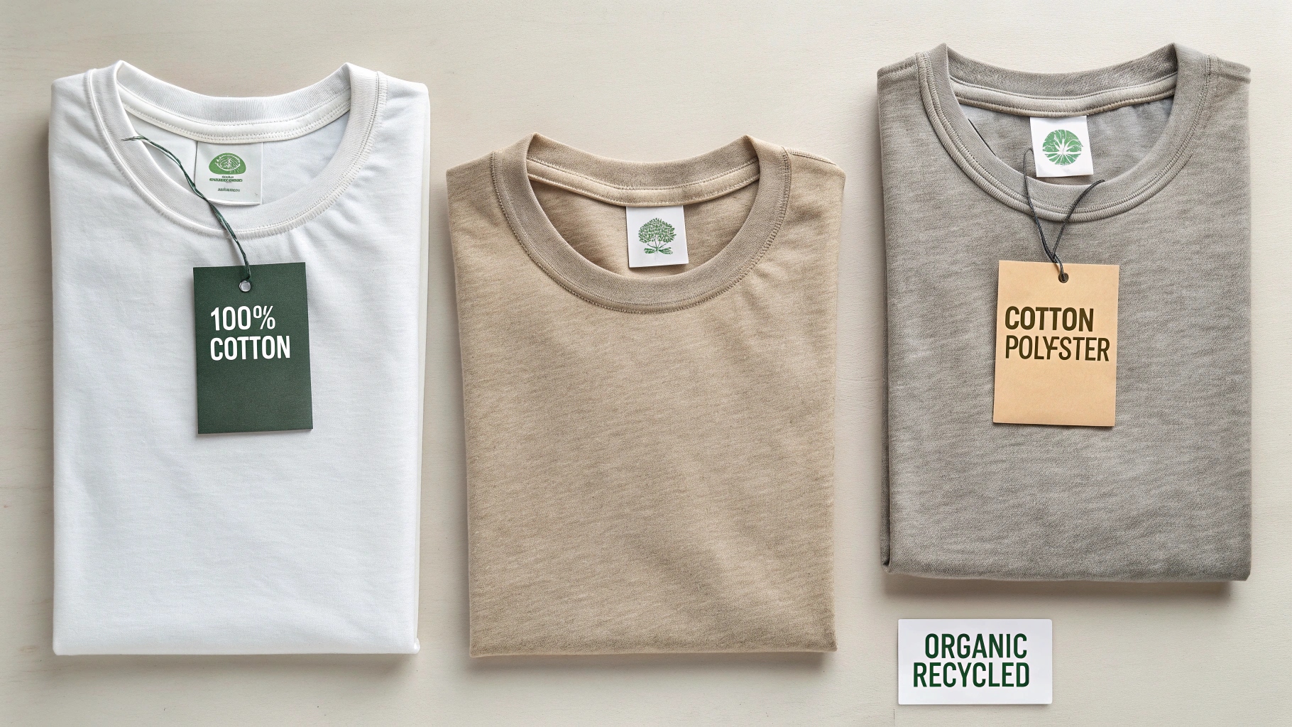 A flat lay image featuring three standard T-shirts made from different materials: one labeled 100% cotton, another a cotton-polyester blend, and the third crafted from organic or recycled fabric. The shirts are displayed in neutral tones—white, gray, and natural beige—on a minimalist background. Close-up texture details and eco-friendly tags are visible under soft studio lighting, highlighting the differences in fabric quality and sustainability.