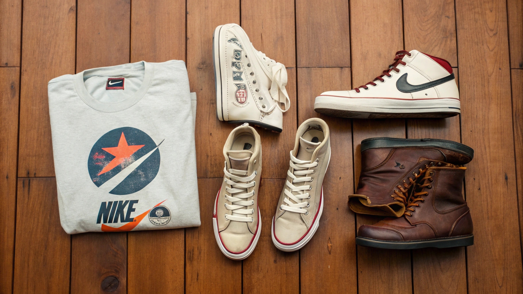 A retro flat lay featuring white Converse, classic Nike sneakers, and worn leather combat boots—styled with a folded graphic tee on a wooden floor for streetwear vibes.