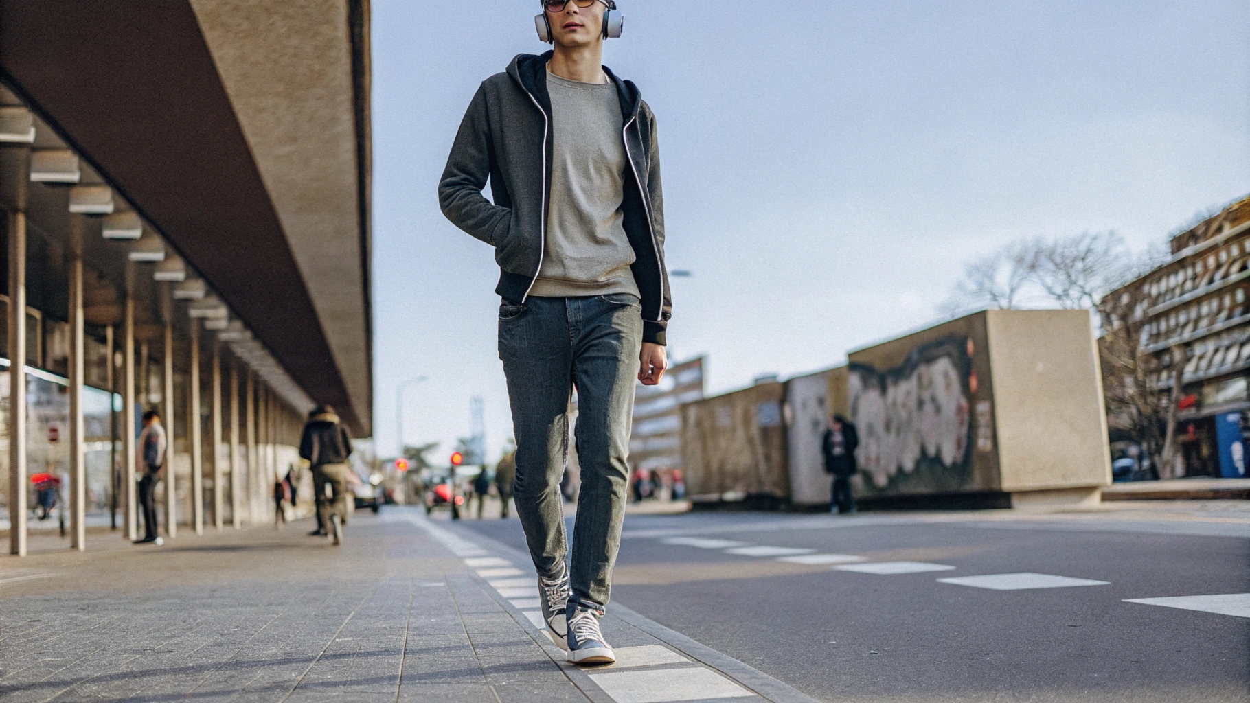 Ib tug txiv neej taug kev hauv nroog txoj kev hnav lub zip-up hoodie tshaj lub tsho T-shirt, ua ke nrog cov ris tsho slim-fit thiab khau ntaub, teeb tawm tsam hauv nroog keeb kwm nrog graffiti thiab niaj hnub architecture.