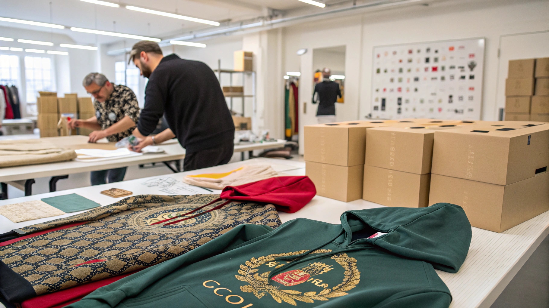 A high-end fashion studio scene featuring custom-made hoodies and t-shirts on design tables, with tailors adjusting patterns and color swatches in the background. The image showcases Bless Denim’s made-to-order pieces with unique prints, embroidery, and premium fabrics. Branding tags and international shipping boxes are ready for dispatch. Captured with a Leica SL2 and 50mm f/2 lens, the scene features bright ambient lighting and crisp, detailed textures.