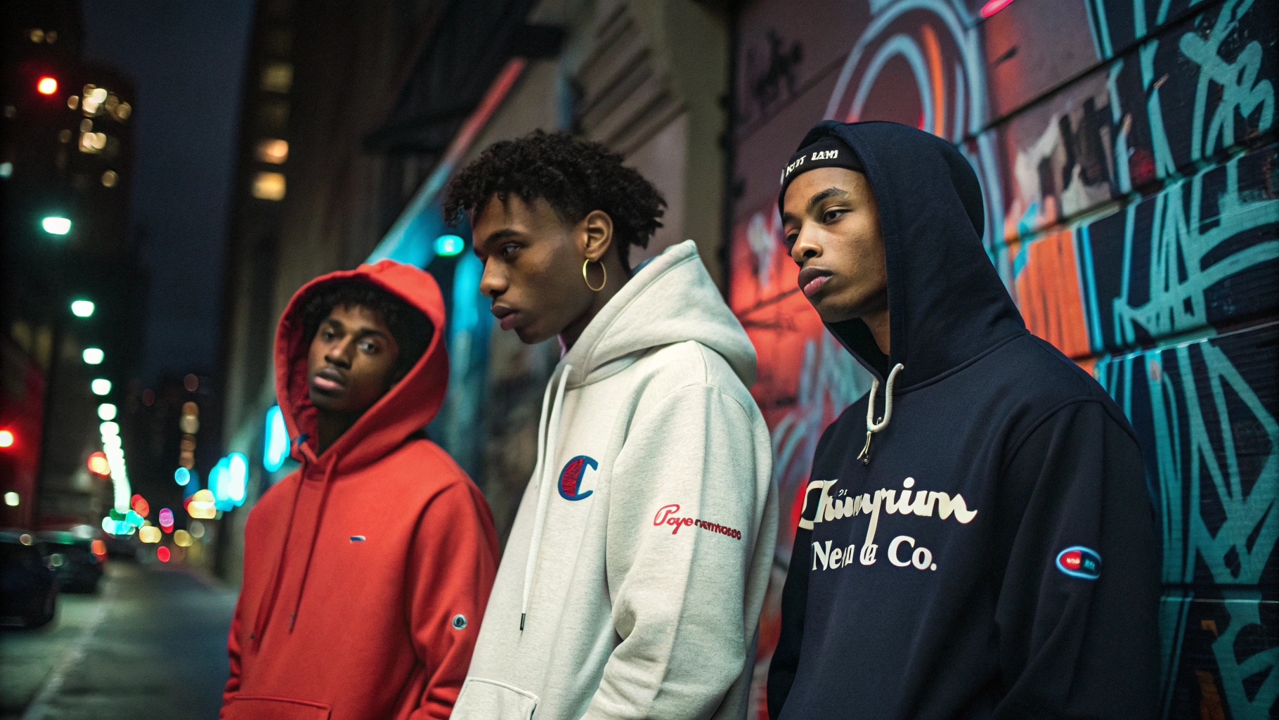 A high-energy fashion editorial featuring three urban youth in limited-edition Champion collabs: a Supreme x Champion hoodie, a Vetements oversized sweatshirt, and a KITH co-branded tracksuit. Set against a graffiti-covered city wall under neon lights, the twilight scene evokes hype culture and exclusivity. Captured on a Canon EOS R3 with a 24–70mm f/2.8 lens, the image features bold colors and a sharp streetwear aesthetic.