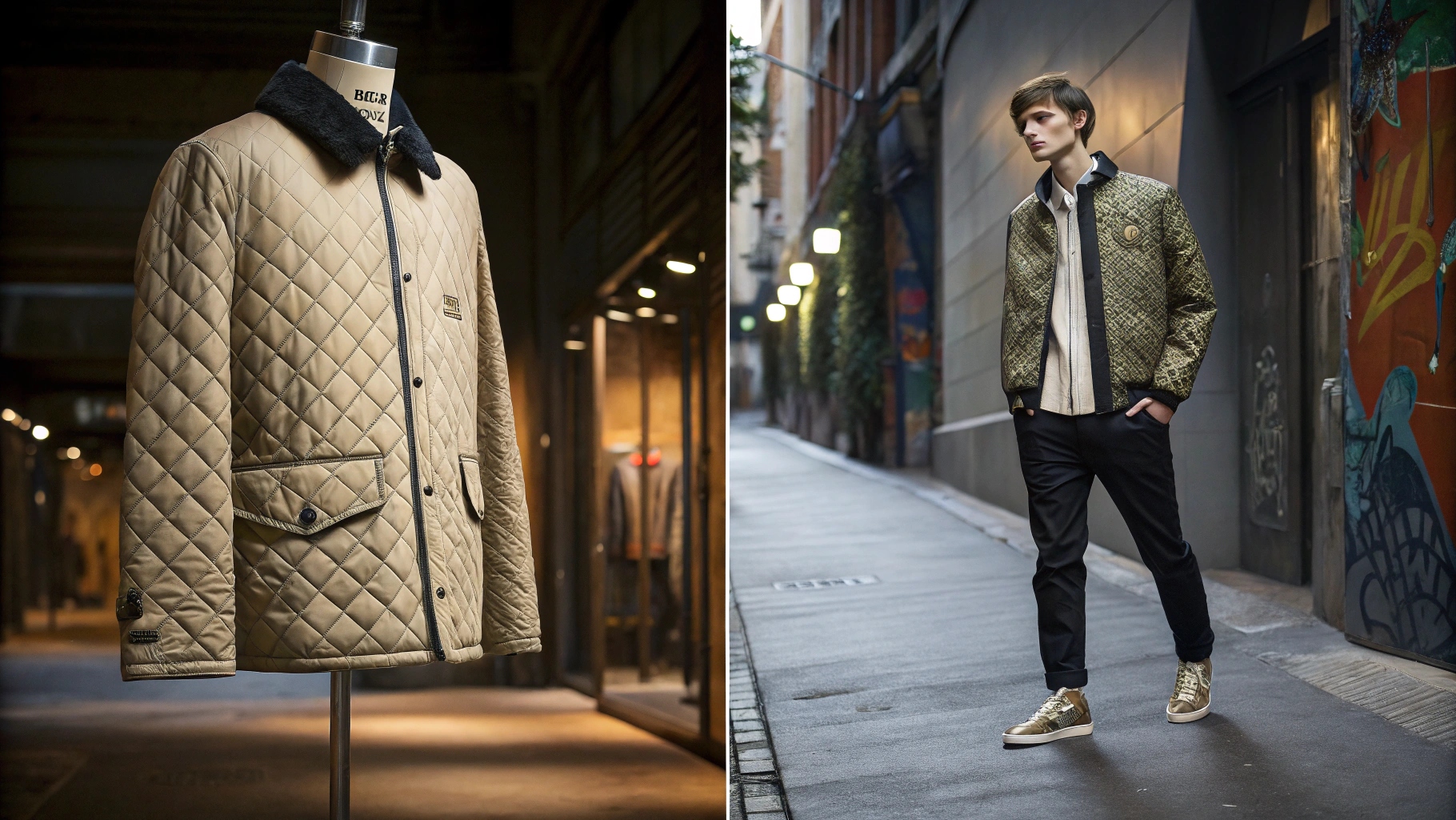 A high-fashion editorial split-scene featuring two quilted jackets: one from Burberry with refined stitching and monogram lining, displayed in a boutique on spotlighted mannequins; the other from a Carhartt WIP x Sacai collab, worn by a model in an urban alleyway with graffiti and sneakers. The image highlights the contrast between timeless luxury craftsmanship and utility-infused, hype-driven streetwear design.