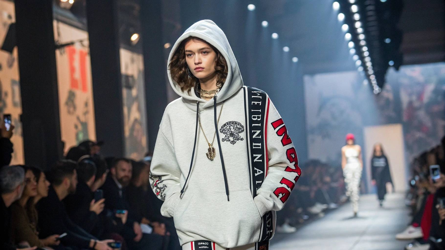  Model wearing a limited-edition Vetements hoodie from a collaboration with brands like Nike or Levi’s, showcasing its unique design and special branding. The background highlights the excitement and exclusivity of these drops.