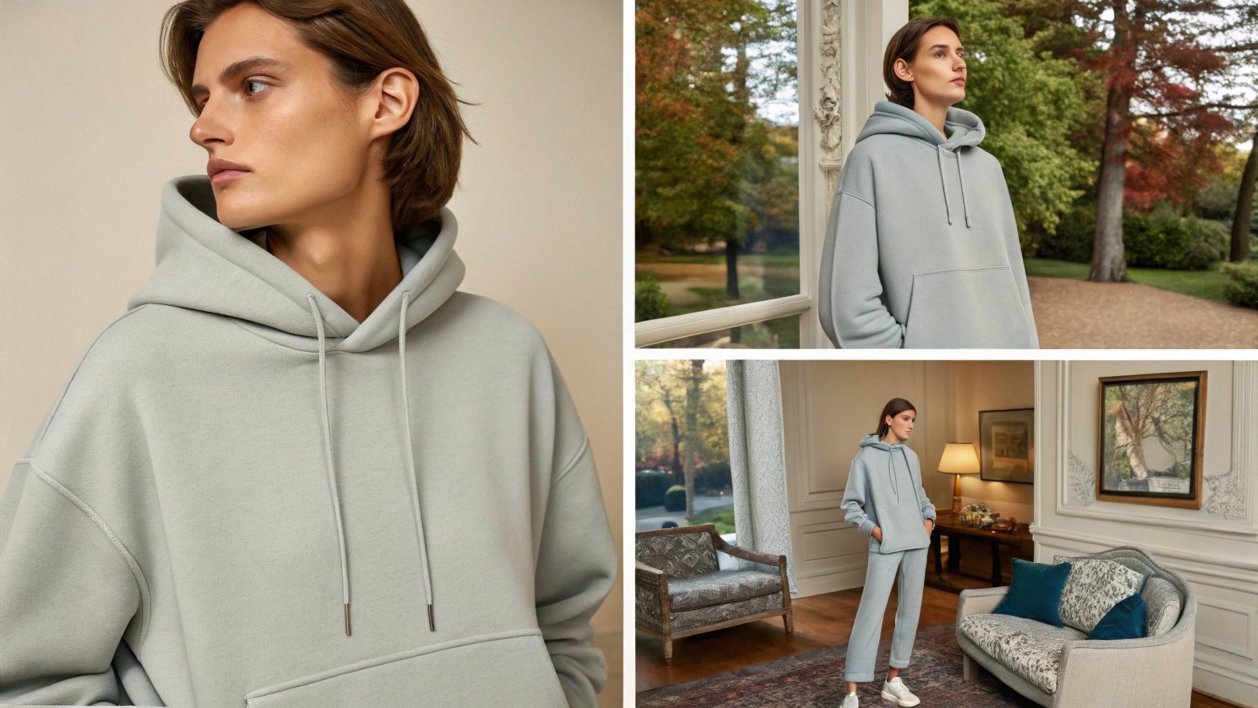 Model wearing a relaxed-fit Vetements hoodie made from a heavyweight cotton blend, showcasing its oversized fit, durability, and soft texture in various casual settings
