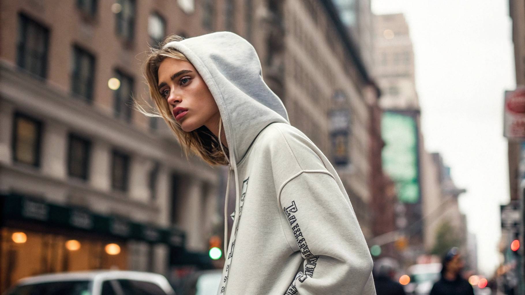 Model wearing a Vetements hoodie in an urban setting, with celebrities and influencers showcasing the hoodie as a streetwear staple, emphasizing its luxury appeal and social media popularity.