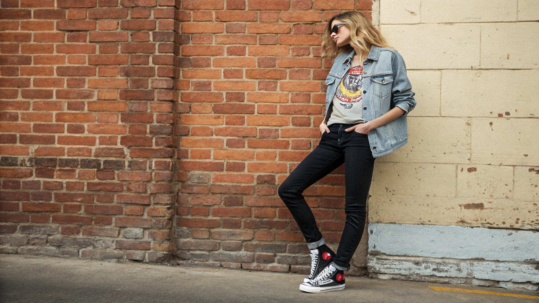 A timeless look with a vintage graphic tee under a light-wash oversized denim jacket—paired with black jeans and retro sneakers against an urban brick backdrop.