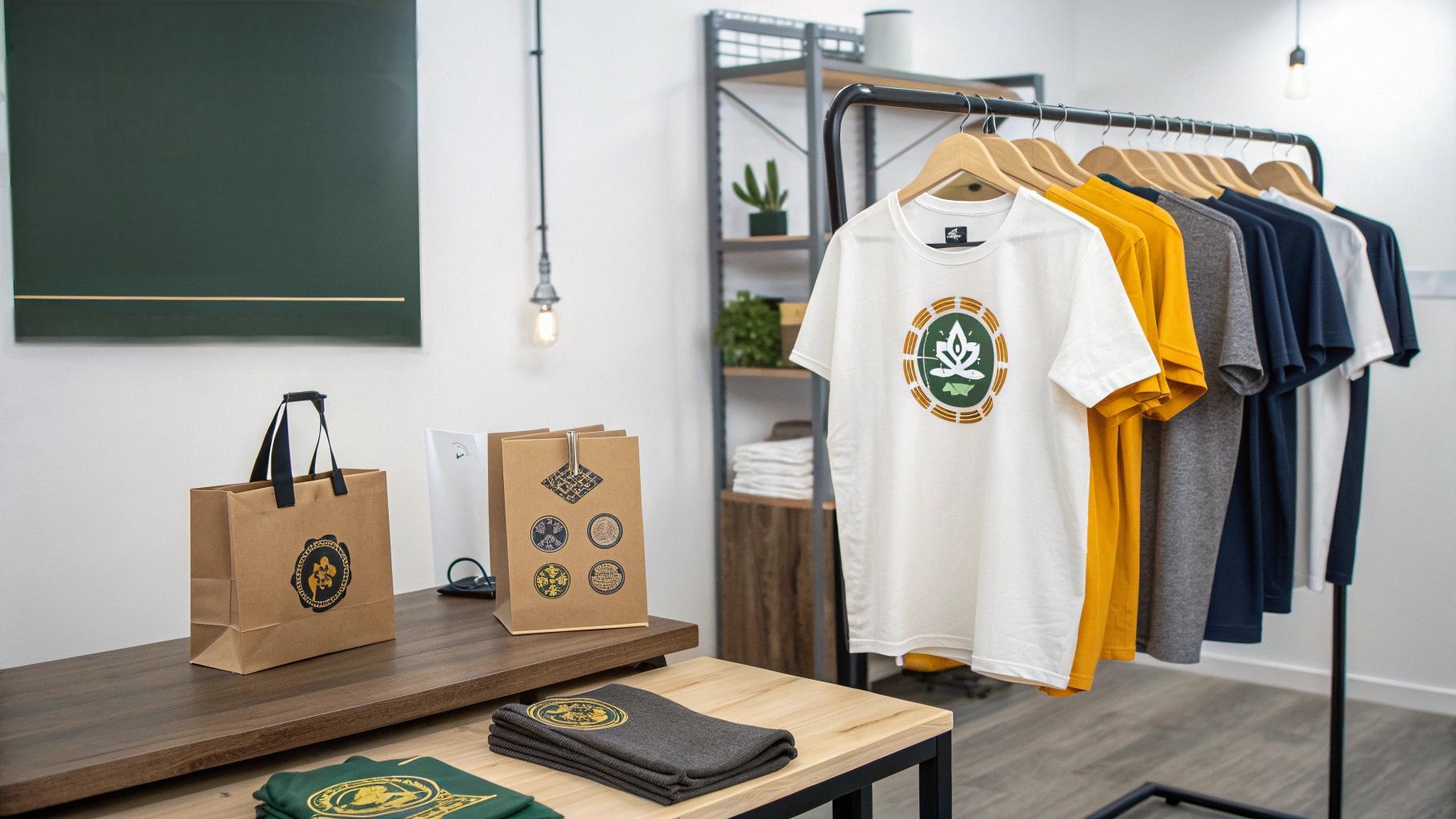 A modern apparel workspace showcasing custom T-shirt services, with samples featuring printed graphics, embroidered logos, custom neck tags, and hang tags. Folded tees in eco-friendly branded polybags sit nearby. A designer collaborates with a startup client on a one-piece order mockup. Bright studio lighting and a clean, professional layout emphasize flexibility, small-batch production, and customization tools in a brand-friendly setting.