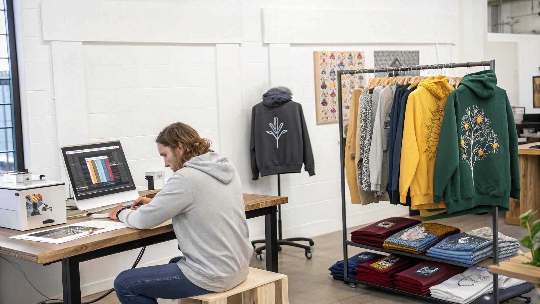 A modern custom apparel design studio showcasing Bless Denim's custom printing services. A designer works on a computer, creating custom hoodie designs with screen printing, DTG, and embroidery options visible on the screen. A table displays different hoodie samples with vibrant prints, embroidered logos, and eco-friendly packaging materials such as recycled fabric labels and biodegradable polybags. Models wear hoodies with personalized prints and custom tags, highlighting the option for low MOQs. The bright, clean workspace focuses on quality control, fabric choices, and sustainable packaging.
