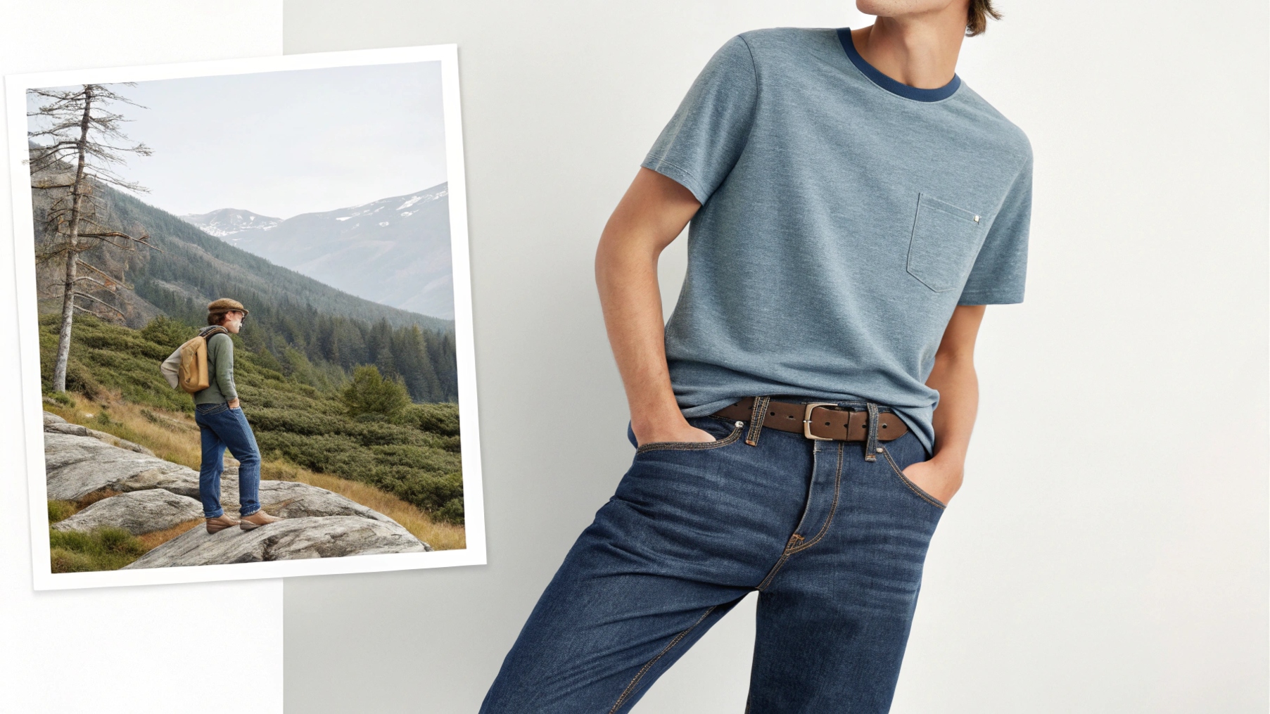 A person casually dressed in Gap clothing, including a soft t-shirt and durable denim jeans, showcasing the brand’s affordability, comfort, and long-lasting quality. The minimal, cozy background emphasizes the everyday, comfortable nature of Gap's clothes, ideal for daily wear. Another scene shows the person enjoying outdoor activities in their Gap attire, highlighting the durability and lasting comfort of the brand's products.