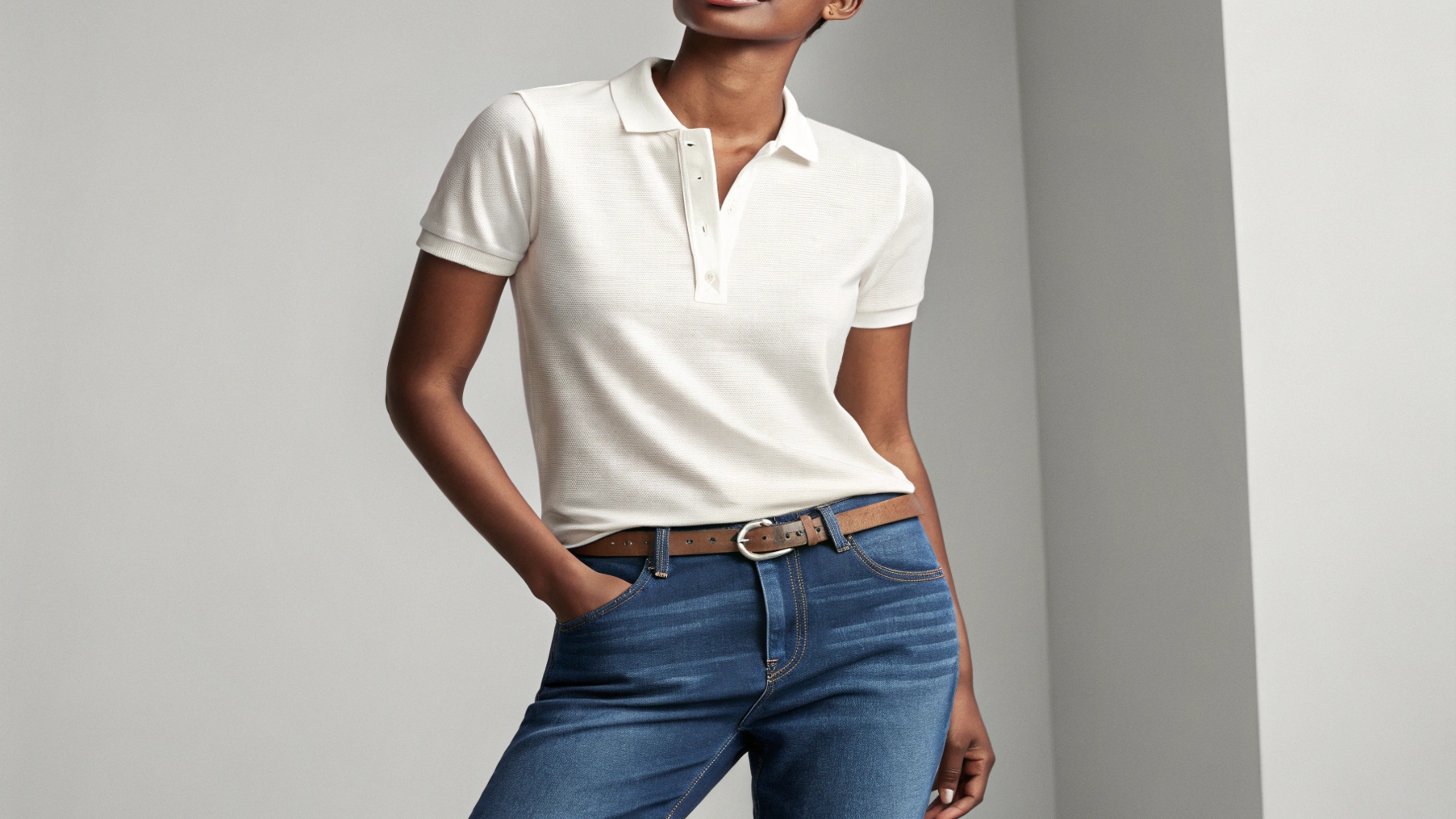 A person wearing a classic, timeless outfit from Gap, featuring a well-fitted t-shirt and jeans. The versatile clothing is perfect for casual and semi-casual settings, with a minimal, neutral background emphasizing the simplicity, comfort, durability, and high-quality fabrics of Gap’s designs. The person looks confident and relaxed, showcasing the lasting quality of the garments.