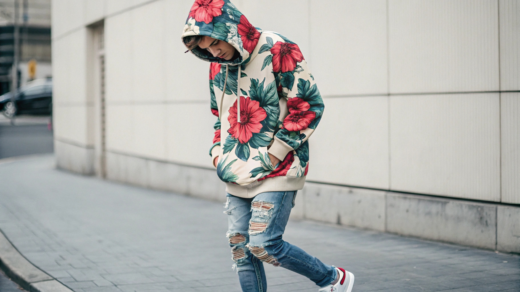  A person wearing a flower hoodie featuring large, vibrant floral patterns or embroidered flowers, making a bold statement. Styled with distressed jeans and sneakers, the hoodie showcases its versatility in streetwear. The neutral urban background highlights the contrast of the colorful hoodie, emphasizing its eye-catching design and its ability to seamlessly blend into casual streetwear looks.