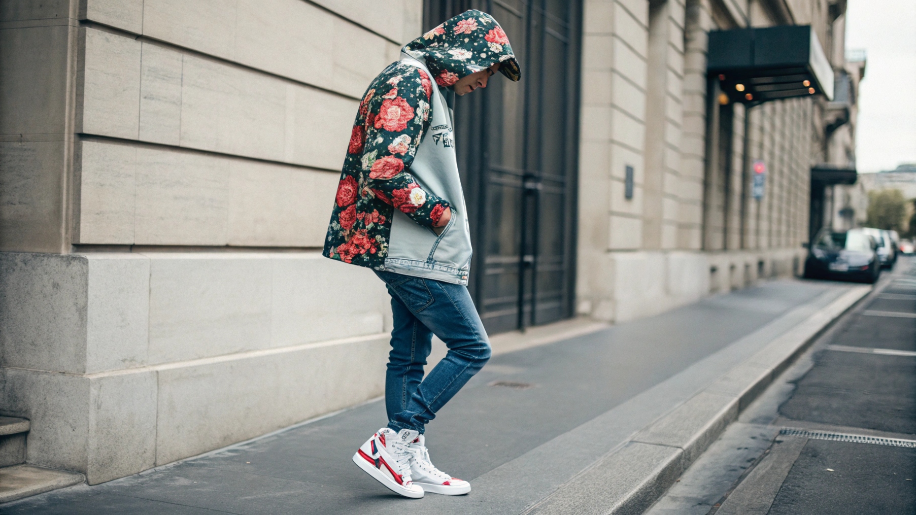 A person wearing a flower hoodie paired with baggy jeans and high-top sneakers, creating an effortlessly cool streetwear look. The hoodie is the standout piece in the casual outfit, set against a neutral urban backdrop. In another scene, the hoodie is layered with a bomber or denim jacket, with the bold floral design peeking through, adding a unique touch to the layered streetwear style. The overall vibe is casual and trendy