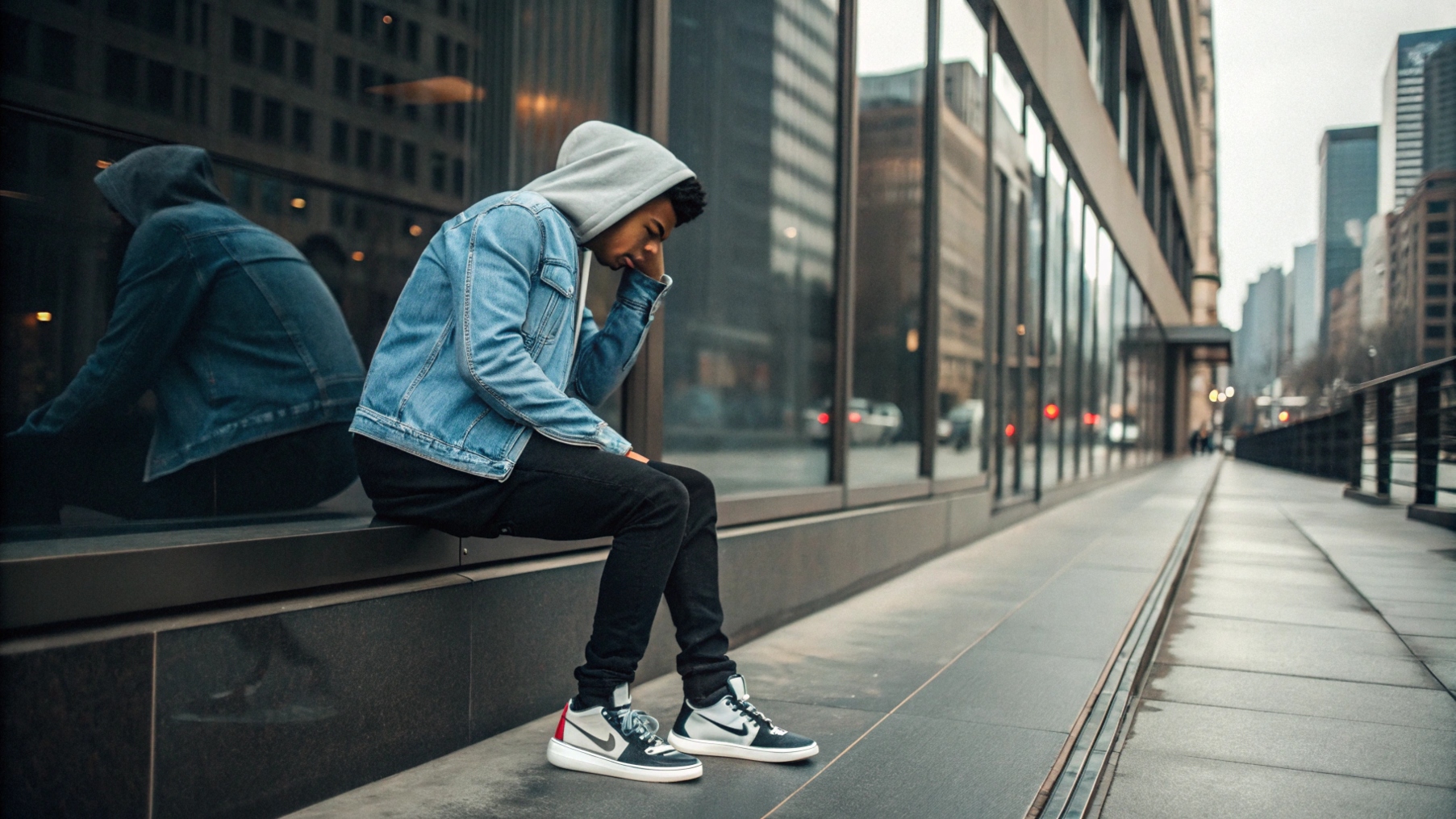 A person wearing a Sp5der hoodie styled in casual streetwear, paired with skinny jeans or joggers and sneakers, creating a laid-back, effortlessly cool look perfect for running errands or a casual weekend. Another scene shows the Sp5der hoodie layered under a denim jacket or leather bomber, accessorized with a beanie and chunky sneakers to elevate the street chic vibe. The urban background highlights the hoodie’s versatility in both casual and layered street style.