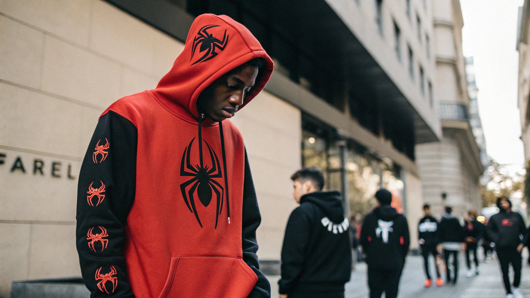  A person wearing a Spider hoodie from Sp5der, styled in a trendy streetwear look with the bold spider logo clearly visible. Influencers, athletes, and celebrities are shown wearing similar hoodies, highlighting its status as a luxury streetwear symbol. The background subtly features logos from high-profile collaborations like Farfetch, reflecting the hoodie’s mainstream popularity and exclusivity. The overall vibe is urban, luxurious, and fashion-forward.