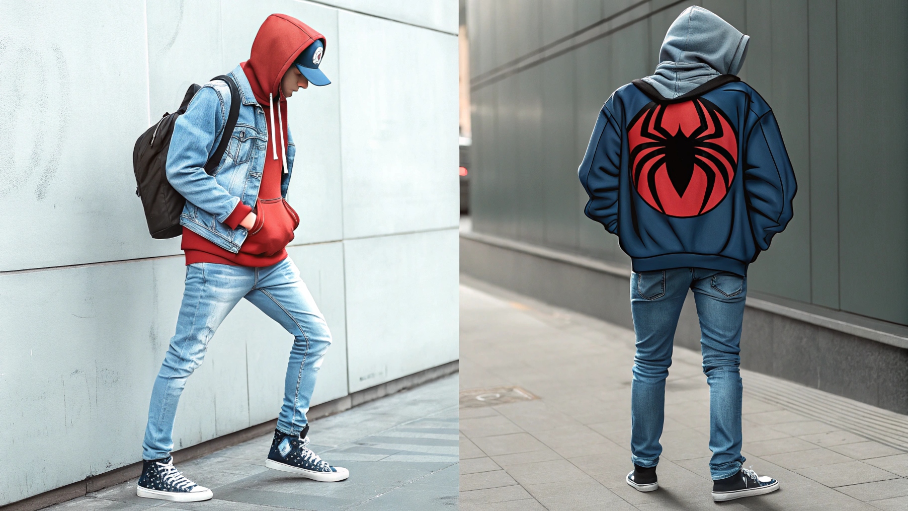 A person wearing a Spider hoodie styled in a casual streetwear look, paired with relaxed-fit jeans or cargo pants and sneakers. The outfit is accessorized with a cap and a backpack, emphasizing a cool, laid-back street style. Another scene shows the same hoodie layered under a denim jacket or oversized coat, with the bold graphic still visible, showcasing how the hoodie can be styled for cooler days while maintaining an effortlessly chic vibe.
