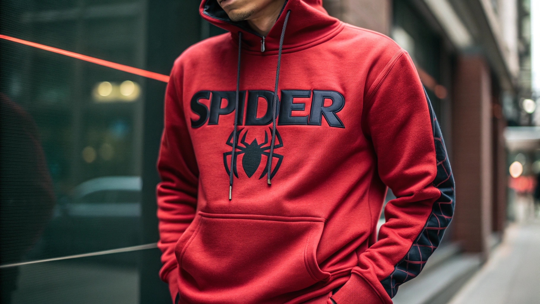 A person wearing a Spider hoodie with the bold, iconic spider logo prominently displayed on the chest. The striking design makes the hoodie a standout piece, while luxury materials like high-quality cotton and premium stitching emphasize both style and durability. The background features subtle urban elements, reflecting the hoodie’s fusion of street culture and luxury fashion.