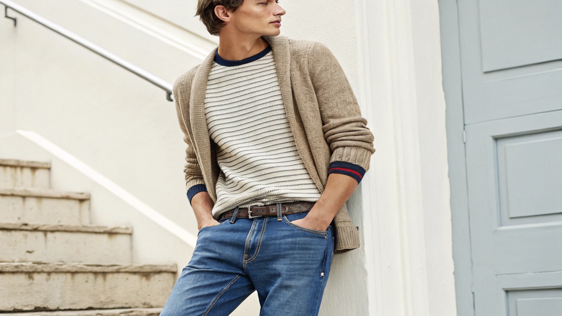 A person wearing Gap's casual essentials, including a classic t-shirt, denim jeans, and a cozy sweater, showcasing the brand's versatility in everyday wear. The outfit is stylish yet comfortable, perfect for casual and semi-casual occasions. The simple, neutral background highlights the timeless nature of Gap's signature styles, while another scene features seasonal collections like summer shorts and a winter jacket, emphasizing Gap's ability to offer clothing for every season.