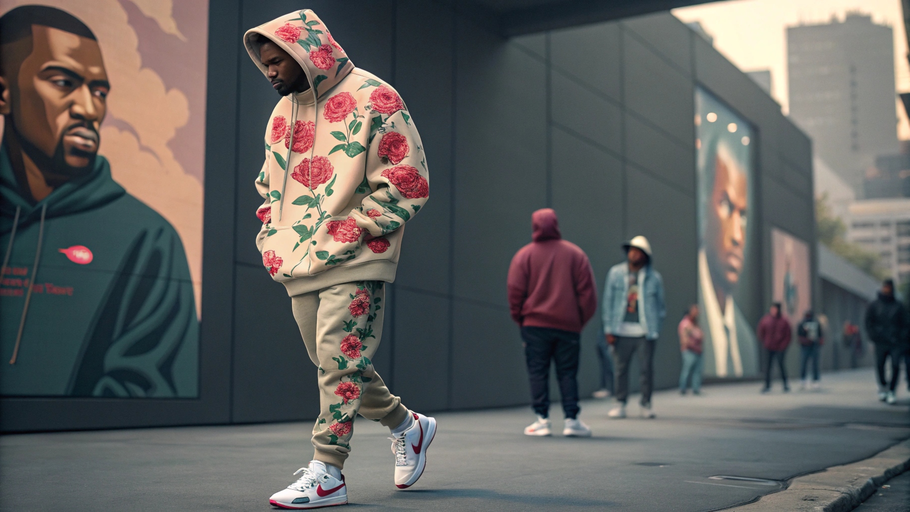  A person wearing the iconic flower hoodie in an urban setting, reflecting its cultural influence and popularity in streetwear. Styled with trendy streetwear pieces like baggy pants and sneakers, the scene subtly depicts high-profile celebrities like Kanye West and Travis Scott wearing similar flower hoodies, showcasing the connection to celebrity culture. The background emphasizes the hype and scarcity around limited-edition streetwear, with a focus on the bold, attention-grabbing design of the hoodie.