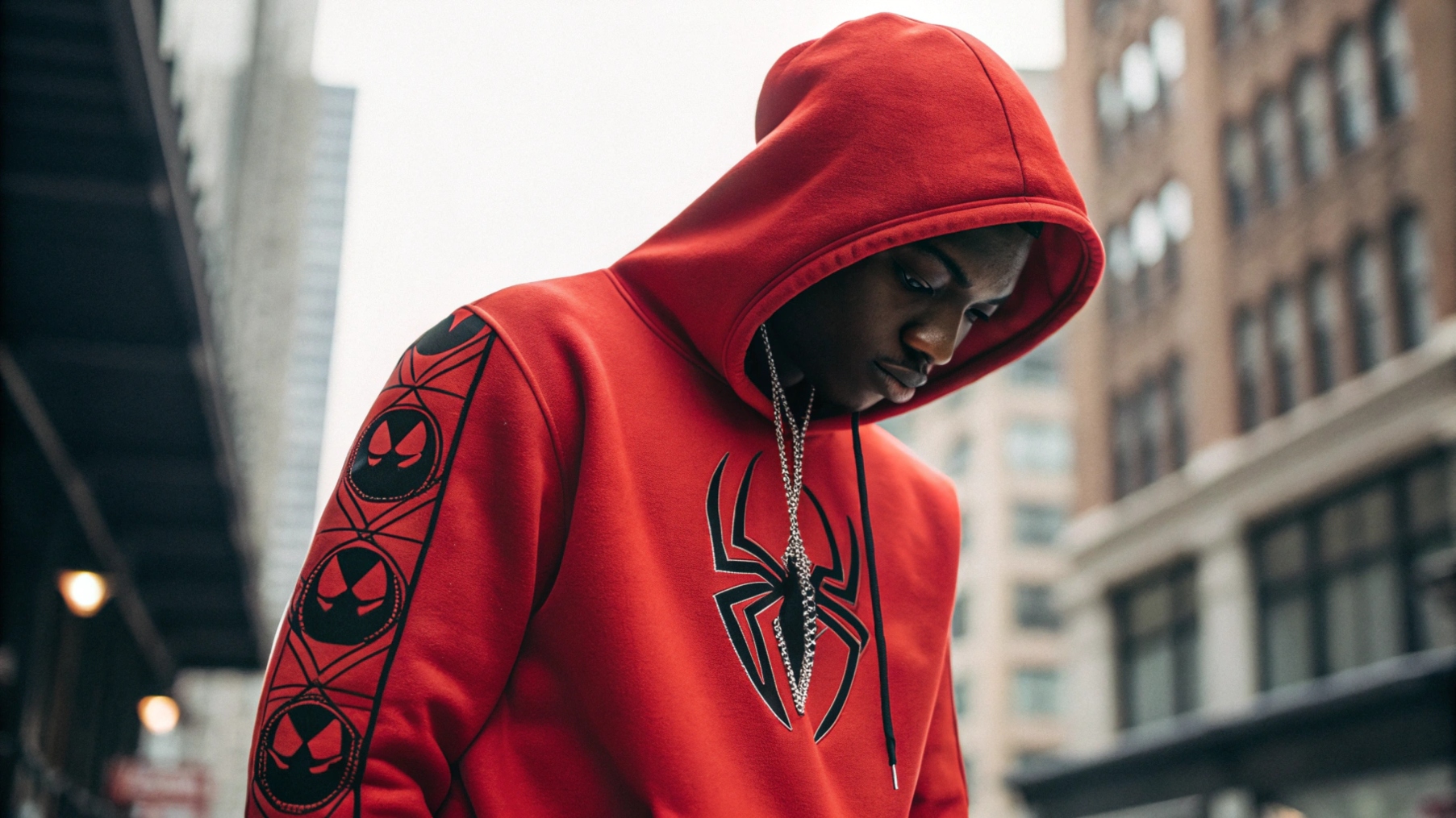  A person wearing the iconic Spider hoodie from Sp5der, featuring the bold spider logo on the front. Styled in an urban streetwear look, the hoodie blends luxury and bold aesthetics. The background emphasizes the fusion of high-end fashion with street culture, with subtle references to Young Thug’s involvement in the brand. The scene highlights the hoodie’s status as a symbol of style and exclusivity, influenced by celebrity culture.