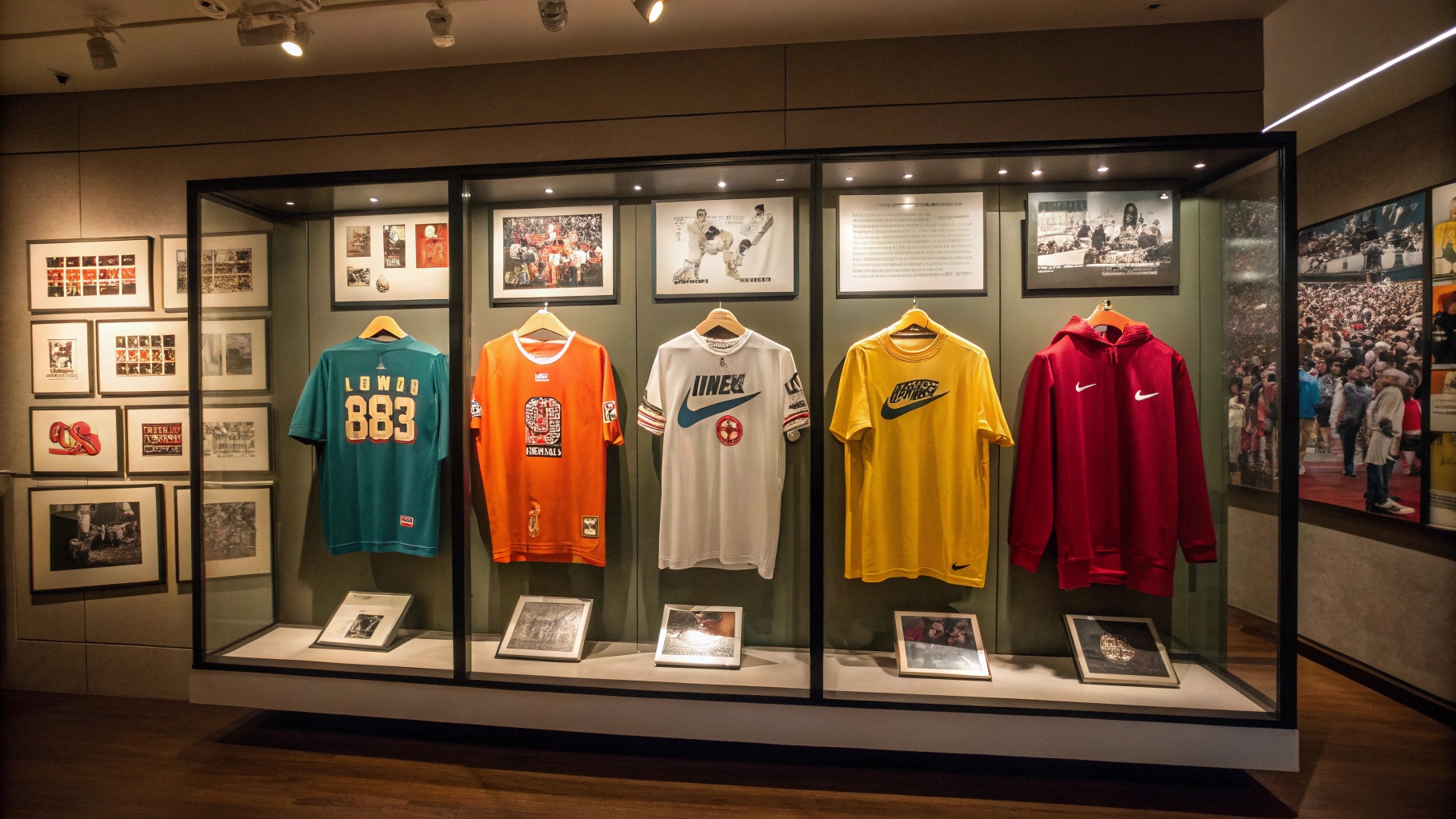 A curated showcase of rare vintage T-shirts from Nike, Levi’s, and Hanes—presented in a spotlighted display case with framed memorabilia, museum-style fashion.