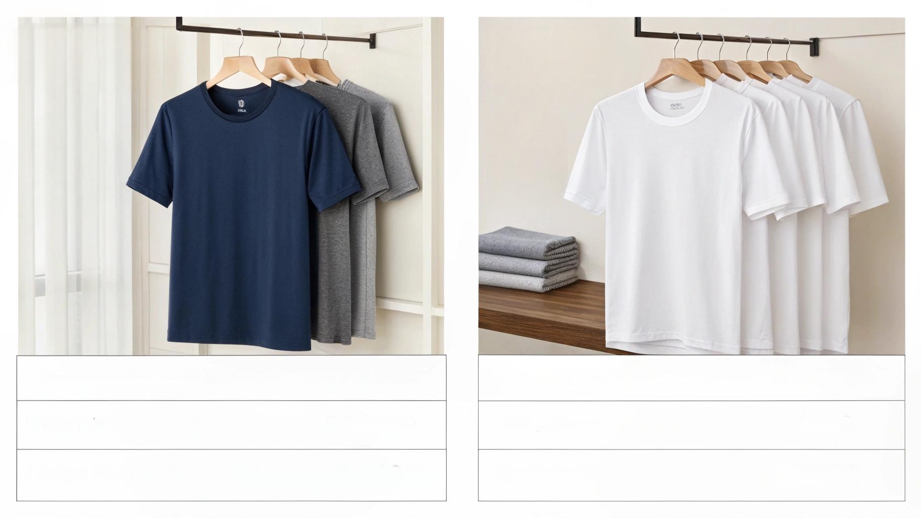 Vzporedna primerjava majic Uniqlo in majic premium blagovnih znamk, kot sta Everlane ali J.Crew. Majice Uniqlo imajo minimalistične dizajne, različne kroje, vključno z prevelikimi, ozkimi in običajnimi, izdelane pa so iz mehkega bombaža Supima. Premium majice ponujajo podobno kakovost, vendar so precej cenejše. Postavljene so v čistem, modernem prodajnem ali življenjskem slogu z mehko osvetlitvijo, ki poudarja kontrast med slogom in cenovno dostopnostjo.