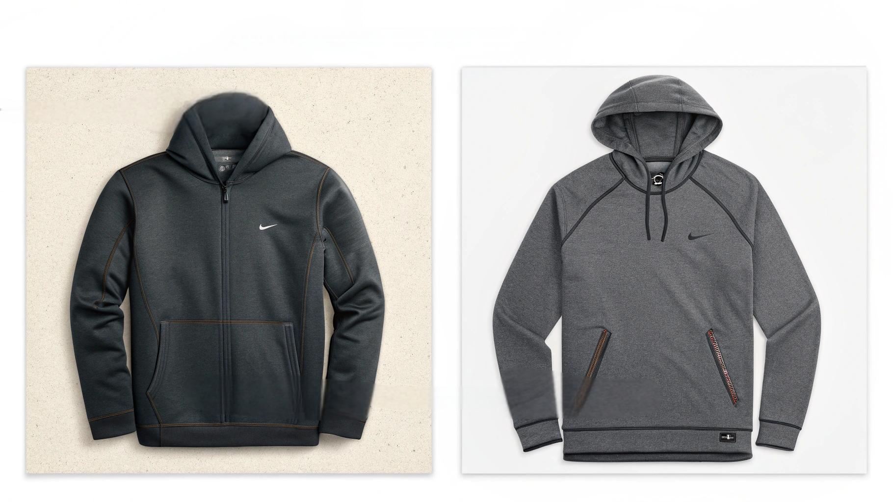 A side-by-side comparison showing high-quality branded and non-branded hoodies. On the left, a premium hoodie from a recognized brand like Nike or Adidas, featuring high-quality materials, detailed stitching, and strong construction. On the right, a comparable hoodie from a smaller, lesser-known brand, showing similar fabric quality, stitching, and comfort at a lower price point. Above both, customer reviews and ratings highlight “durability” and “comfort.” A subtle mention of designer hoodies with higher price tags is included, illustrating the contrast in design and brand recognition. The clean, modern background with subtle branding elements focuses on the quality comparison.