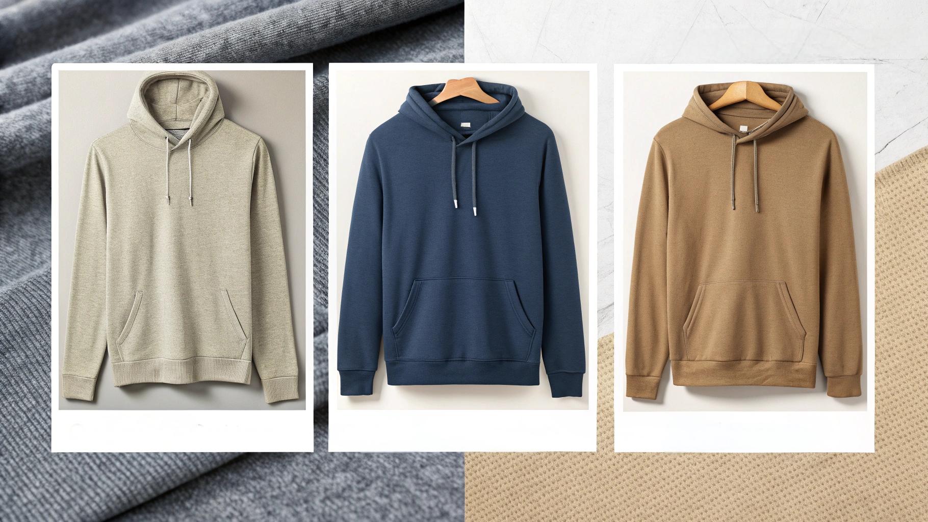 A side-by-side display of hoodies made from soft organic cotton, a cotton-polyester blend, and plush fleece. Each is labeled with key traits—breathability, durability, and warmth. Fabric swatches, care tags, and minimalist styling elements in the background highlight the balance between natural comfort and synthetic performance. A small reference to Good On You's sustainability ratings adds context on eco-impact.