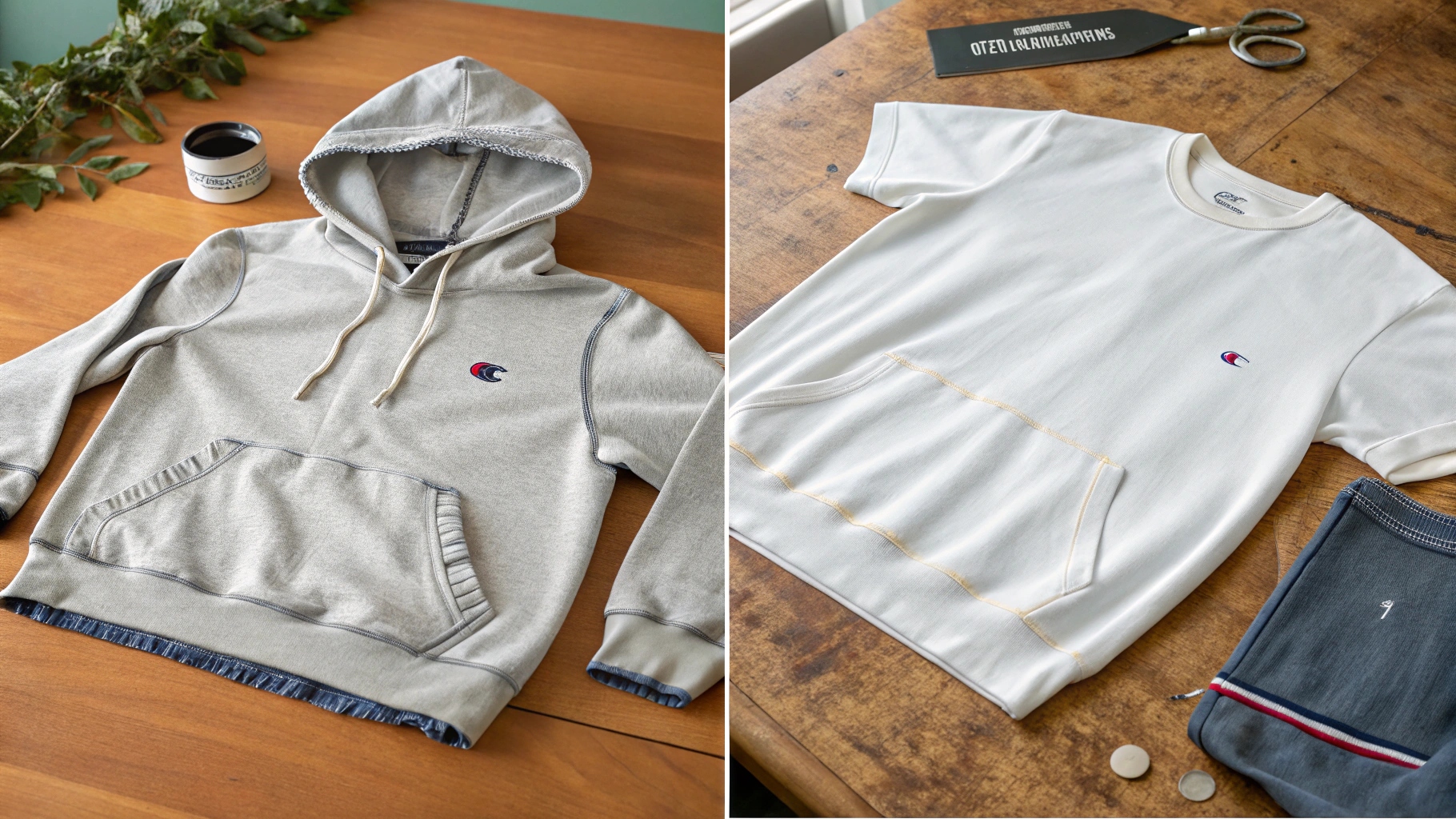  A side-by-side product shot comparing a 5-year-old Champion hoodie with faded edges and slight pilling to a brand-new one in pristine condition, highlighting wear resistance from heavy fabric and double-needle seams. Next to them, a lightly worn Champion t-shirt shows minor stretching and softness loss. Set on a wooden table in natural window light, the image—shot with a Nikon D850 and 85mm f/1.8 lens—captures realistic tones and detailed textile contrast