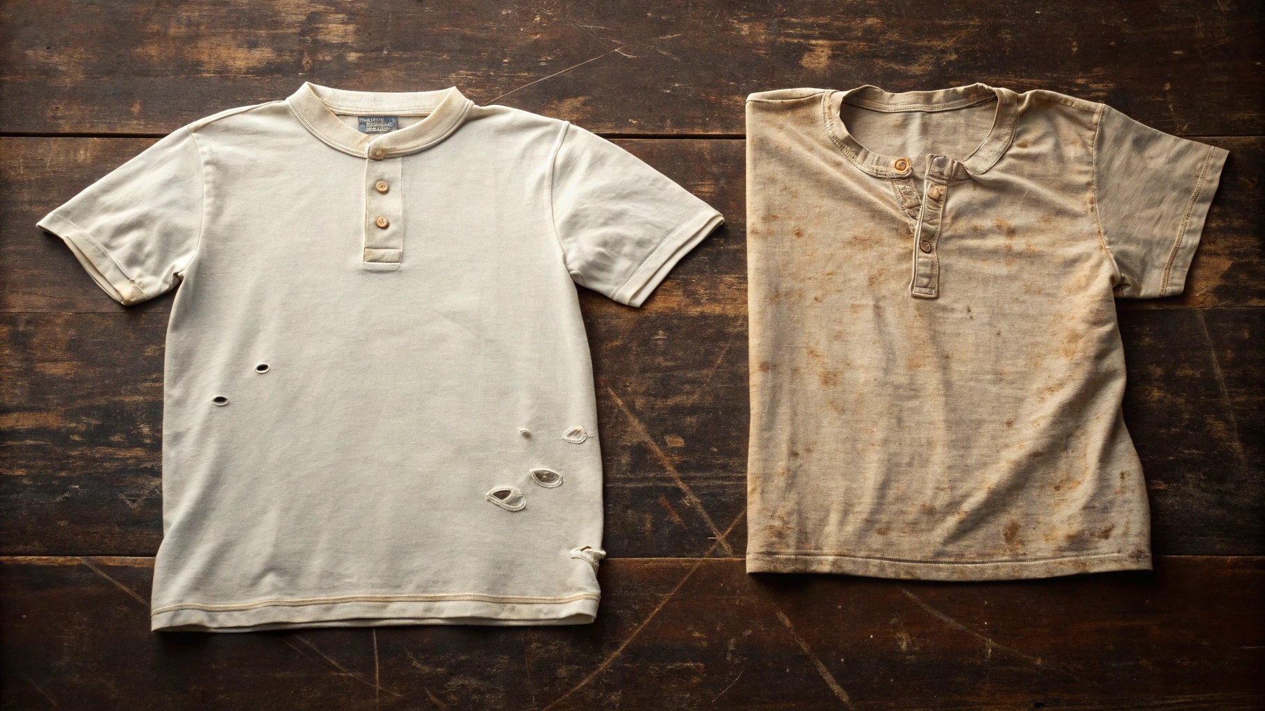 A side-by-side of two vintage T-shirts—one faded and distressed, the other pristine and folded—on aged wood, highlighting contrast in wear and collectibility.