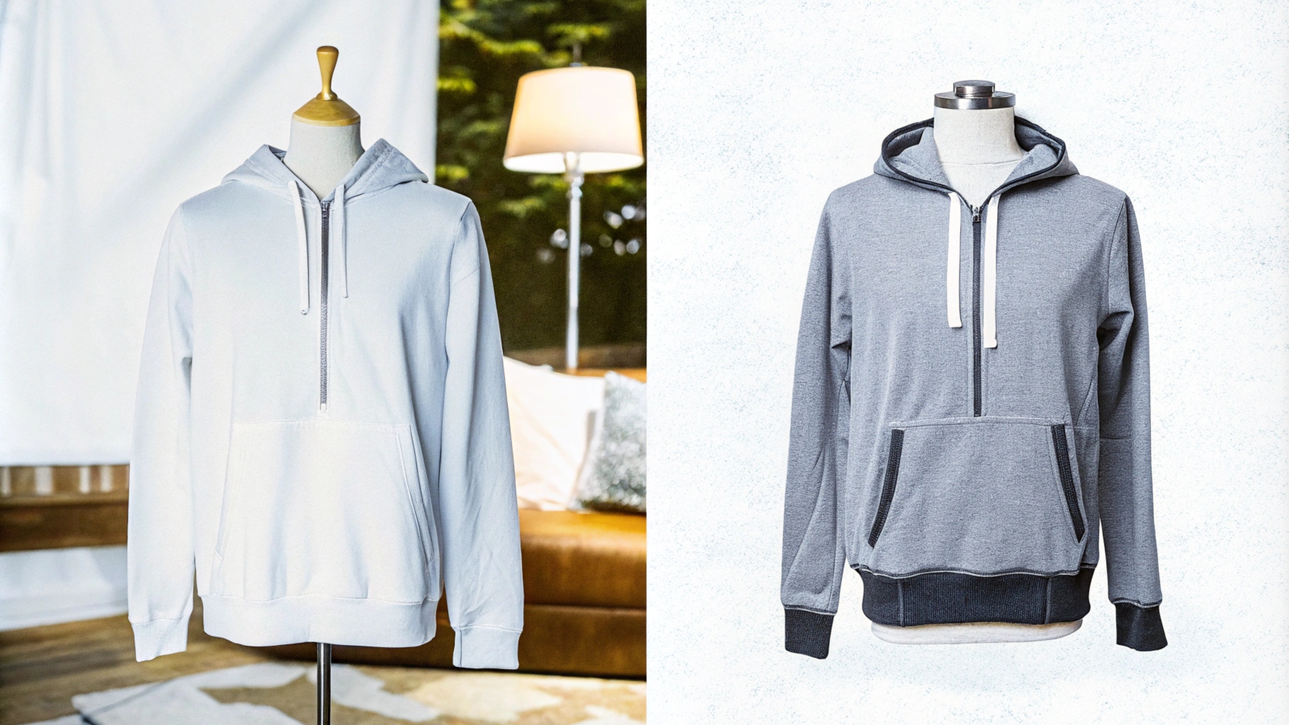 Ib sab-los-sab mannequins nthuav tawm lub tsho pullover hoodie nrog lub hnab tsho pem hauv ntej thiab zip-up hoodie nrog qhib zipper, qhia txog qhov sib txawv ntawm cov qauv tsim hauv lub nroog cozy.