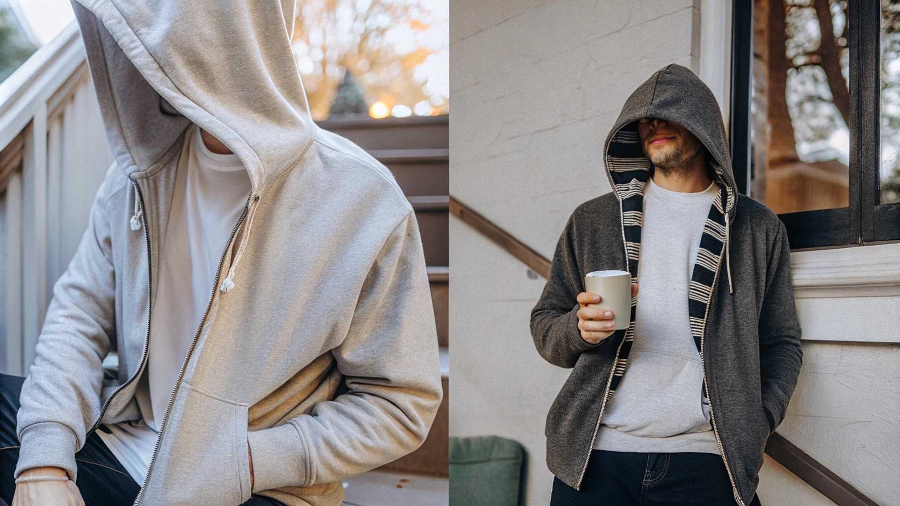 Ib sab ntawm kev sib piv ntawm zip-up hoodie tshaj lub tsho T-shirt thiab lub tsho pullover hoodie nyob rau hauv lub tsho tiv no, teeb tawm tsam lub nroog lub caij nplooj zeeg caij nplooj zeeg backdrop, qhia txog ntau yam styling.